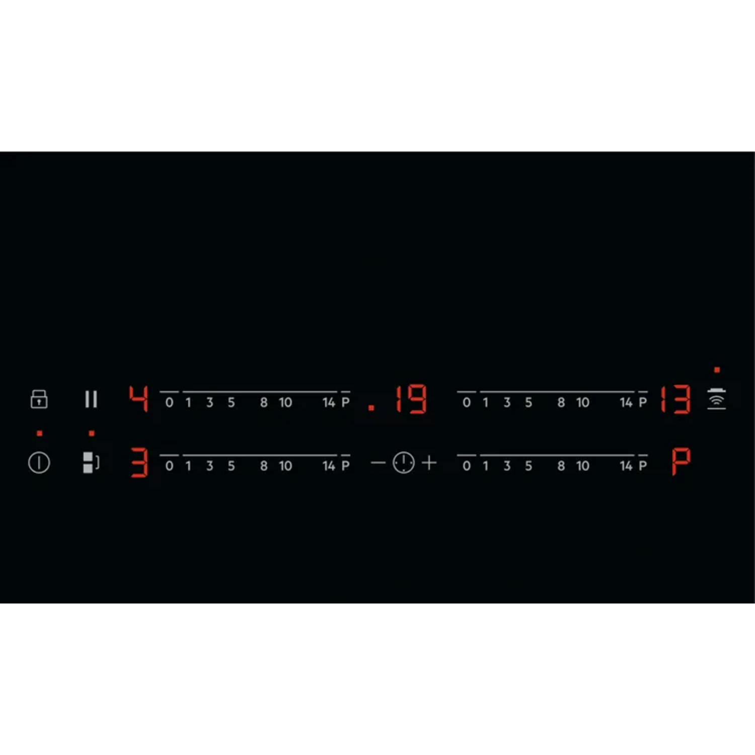 Close-up of an induction cooktop control panel. Numbers and symbols are displayed.