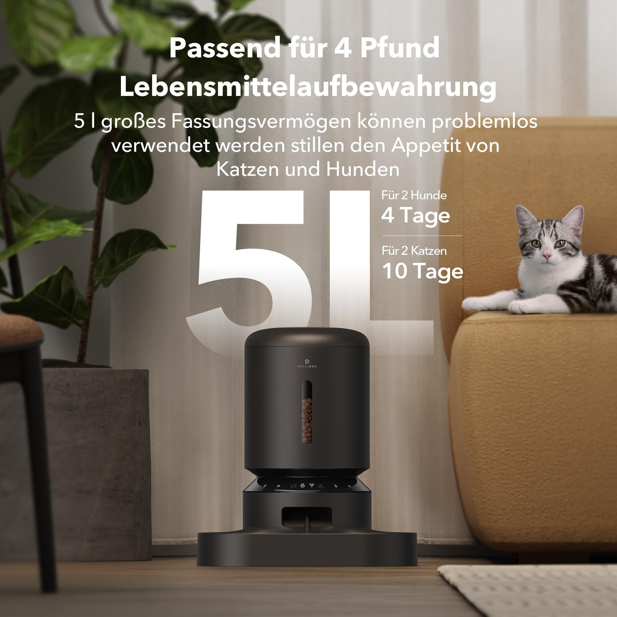 Futterautomat mit Katze. 5L Kapazität angegeben. Text über die Lagerung von Futter für Katzen und Hunde.