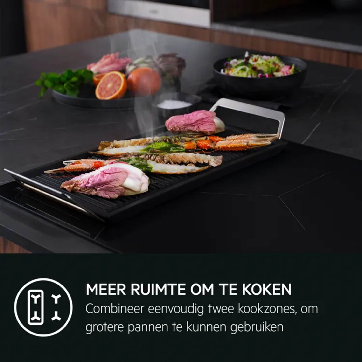 An electric grill with cooked food, vegetables, and a black surface.