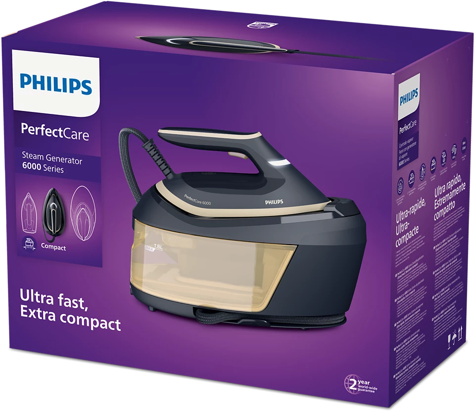 Plancha generadora de vapor Philips PerfectCare en caja. Diseño negro y dorado, fondo morado.