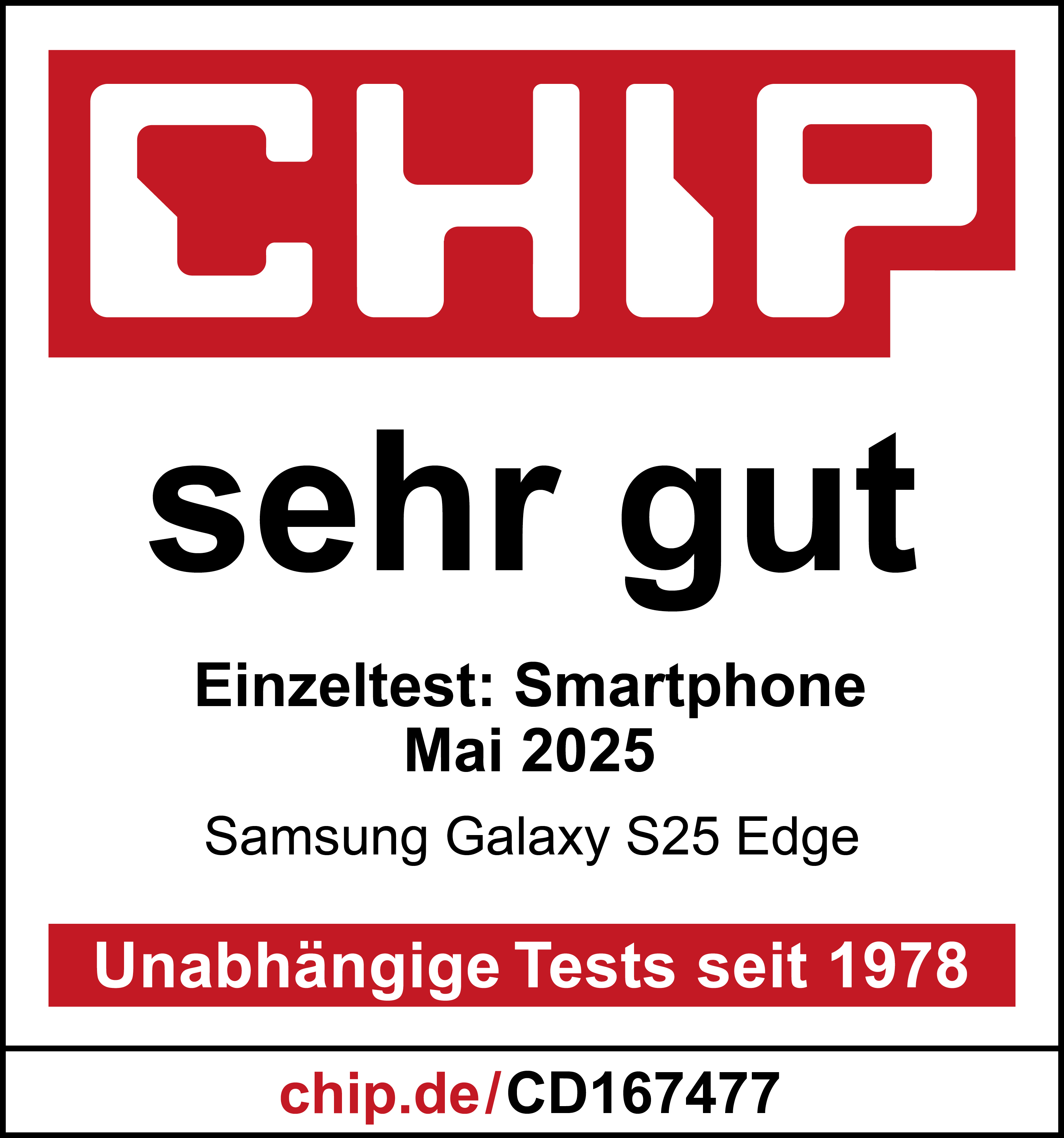 Ein Testbericht zum Samsung Galaxy S25 Edge mit dem Text: sehr gut und dem Logo von chip.de.