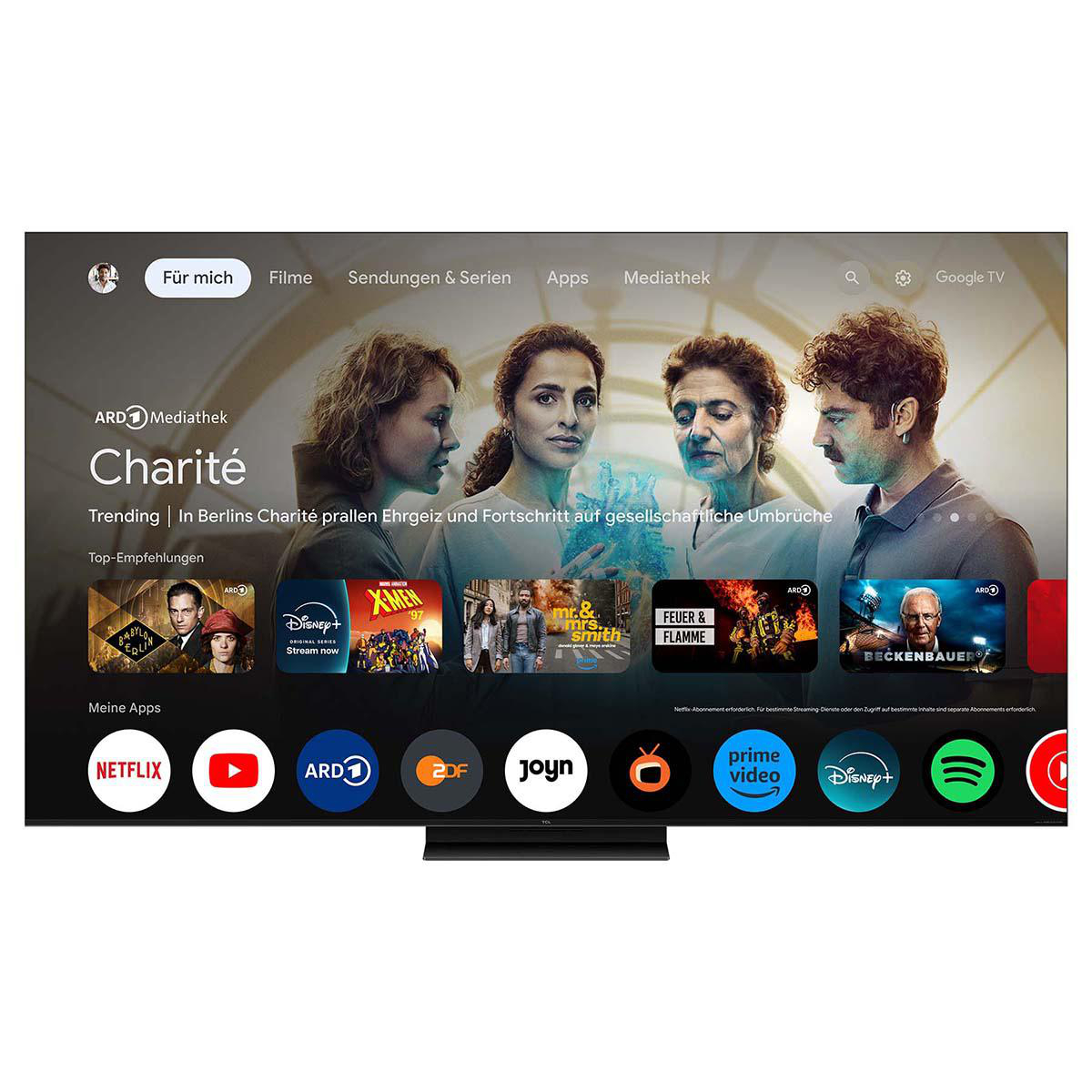 TV-Bildschirm mit App-Oberfläche und Videoinhalten mit mehreren App-Icons.