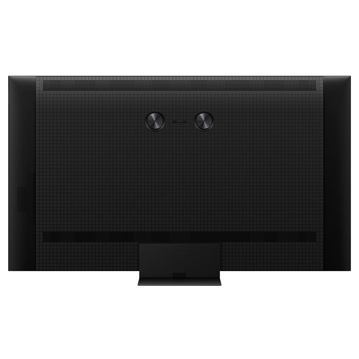 Die Rückseite eines Fernsehers mit Knöpfen und einem Ständer auf weißem Hintergrund.