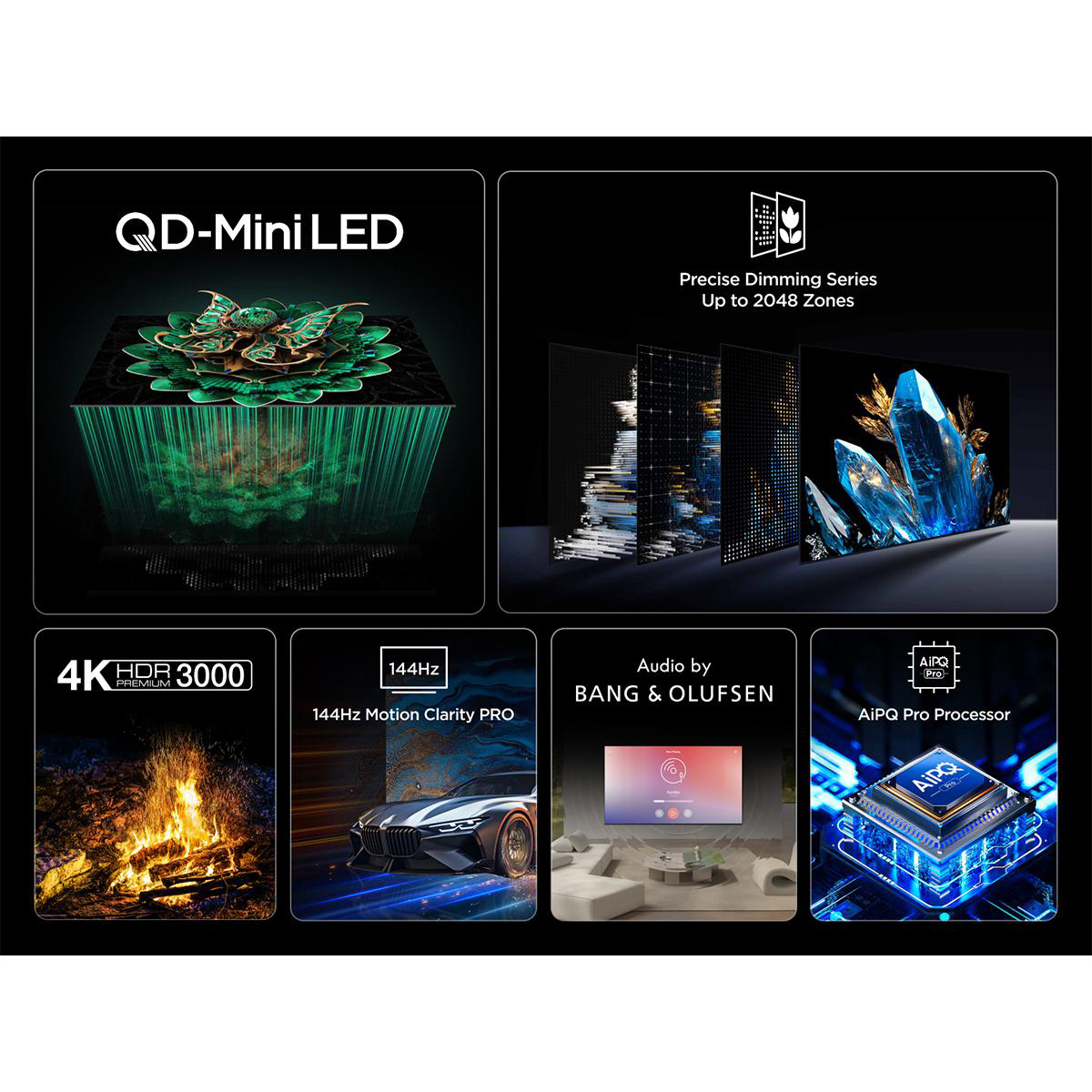 Schwarzer Hintergrund mit technischen Merkmalen: QD-Mini-LED, 4K HDR, 144Hz, Audio von Bang & Olufsen und AIPQ Pro Processor.