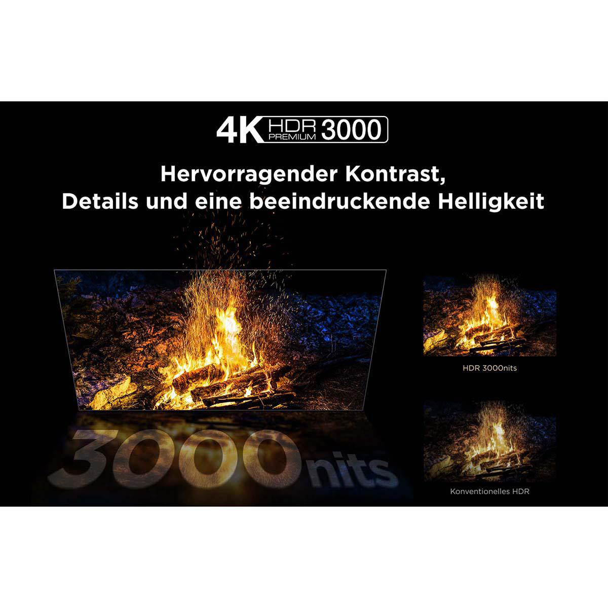 Ein Bildschirm zeigt ein lebendiges Lagerfeuer. Text betont 4K, HDR 3000 und 3000 Nits, hervorhebend Kontrast und Helligkeit.