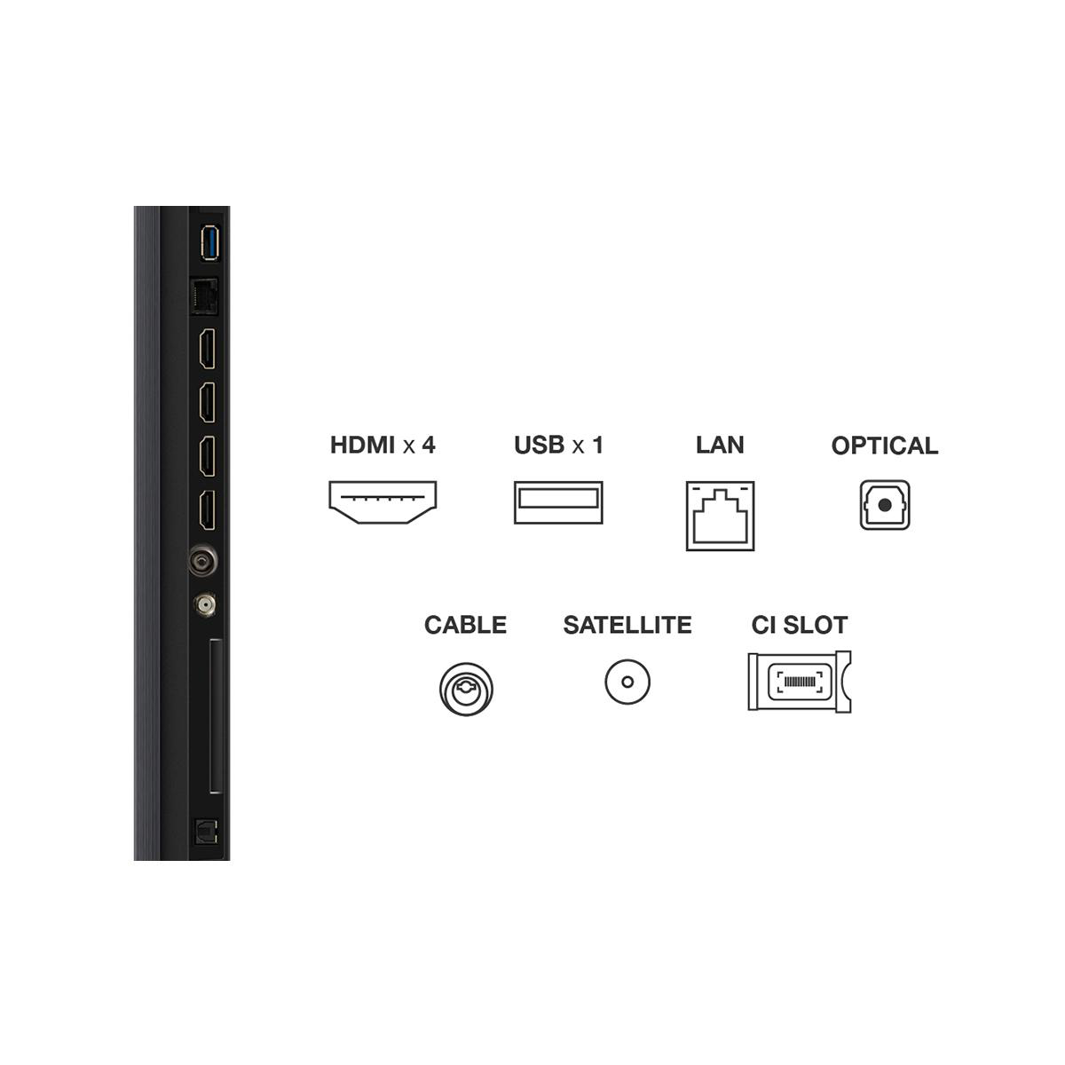 TV-Anschlüsse: HDMI x 4, USB x 1, LAN, Optisch, Kabel, Satellit und CI-Steckplatz, neben der TV-Seite.