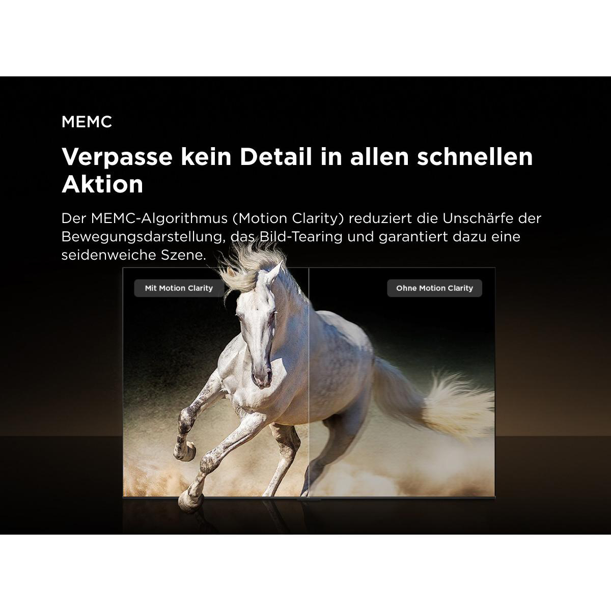 TV-Bildschirm zeigt ein rennendes Pferd. Text: Verpassen Sie keine Details in schnellen Aktionen. MEMC-Algorithmus.