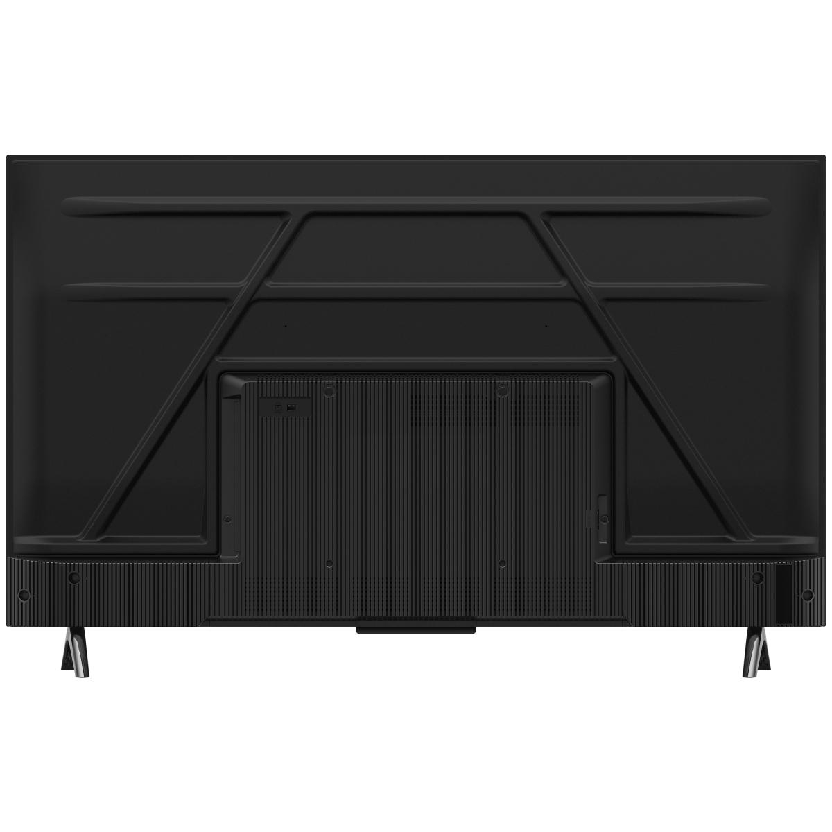 Die Rückseite eines Fernsehers. Schwarz mit Stützrahmen und Lautsprecherbereich.