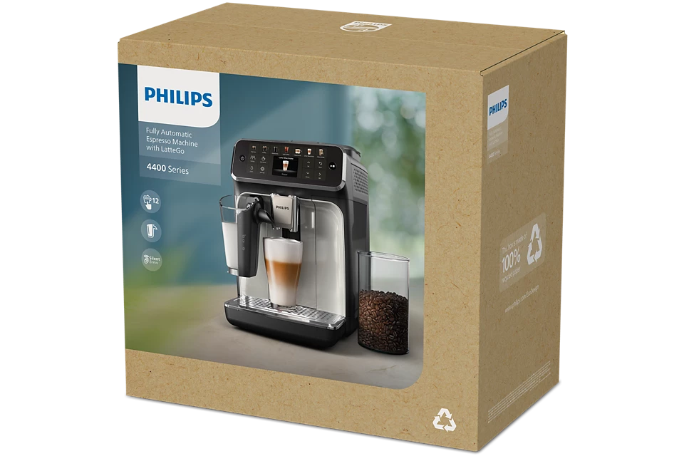 El embalaje de la cafetera Philips, mostrando el producto y los detalles de la caja.