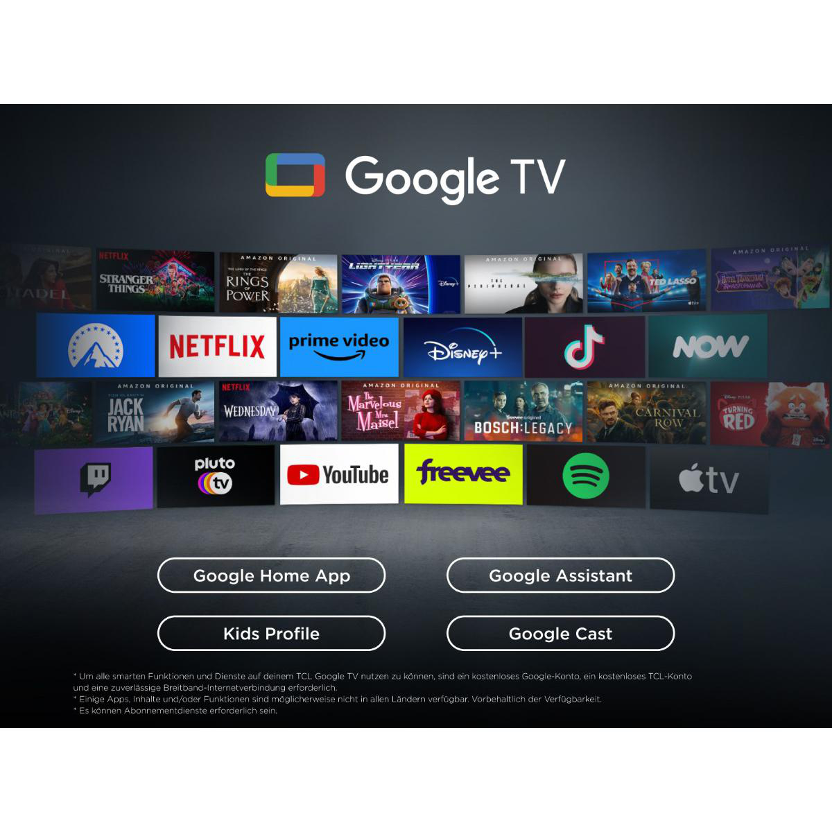 Eine Google TV-Oberfläche zeigt Apps wie Netflix, YouTube und Disney+ sowie Optionen für Google Home und Assistant.
