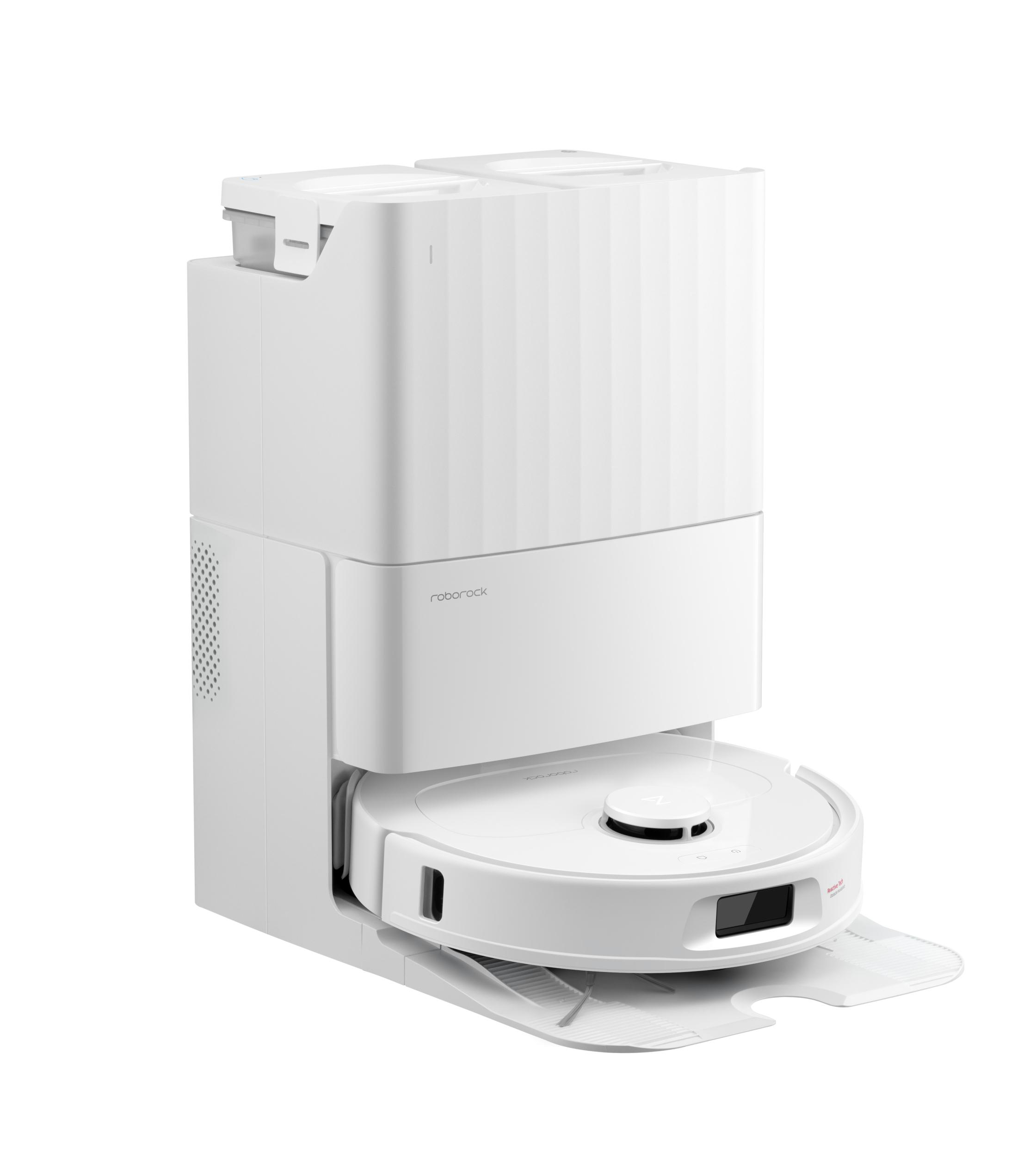 Ein weißer Roborock Roboter-Staubsauger mit Ladestation, schräge Ansicht.