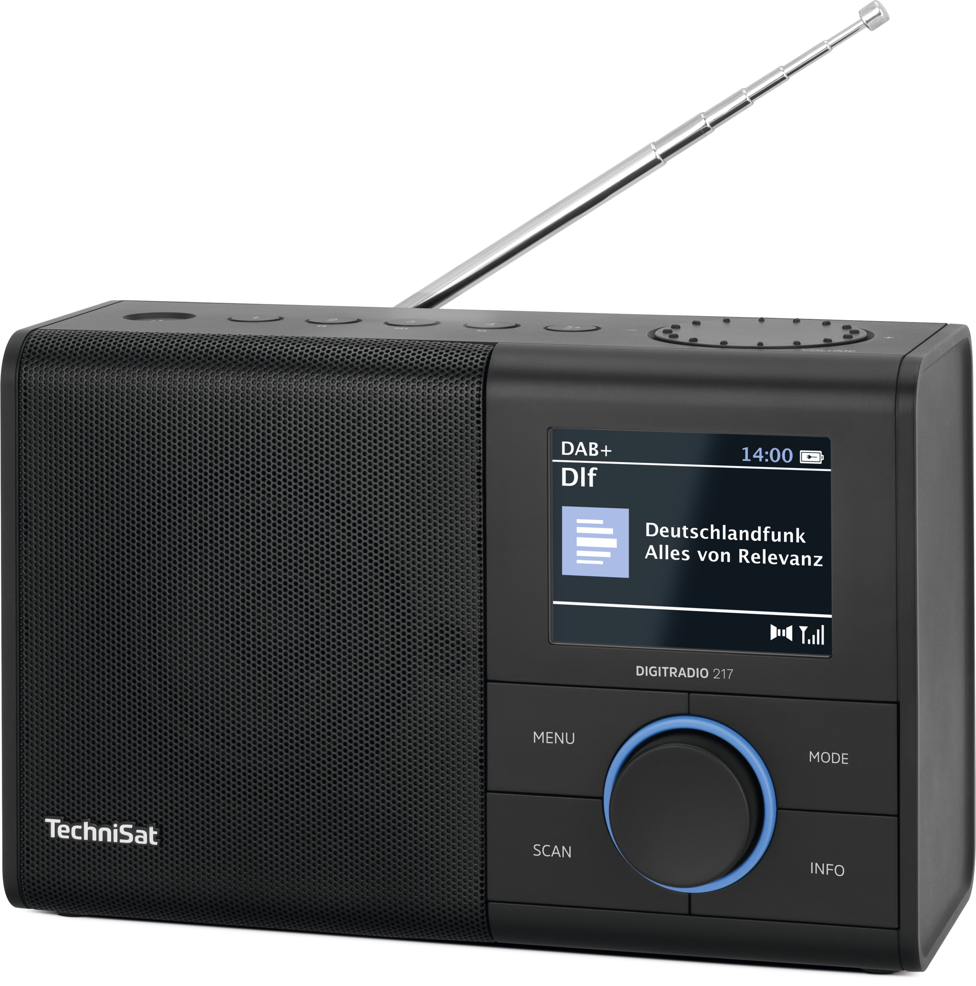 Schwarzes TechniSat-Radio mit Bildschirm, der Radiosenderinformationen und ein blaues Zifferblatt anzeigt.