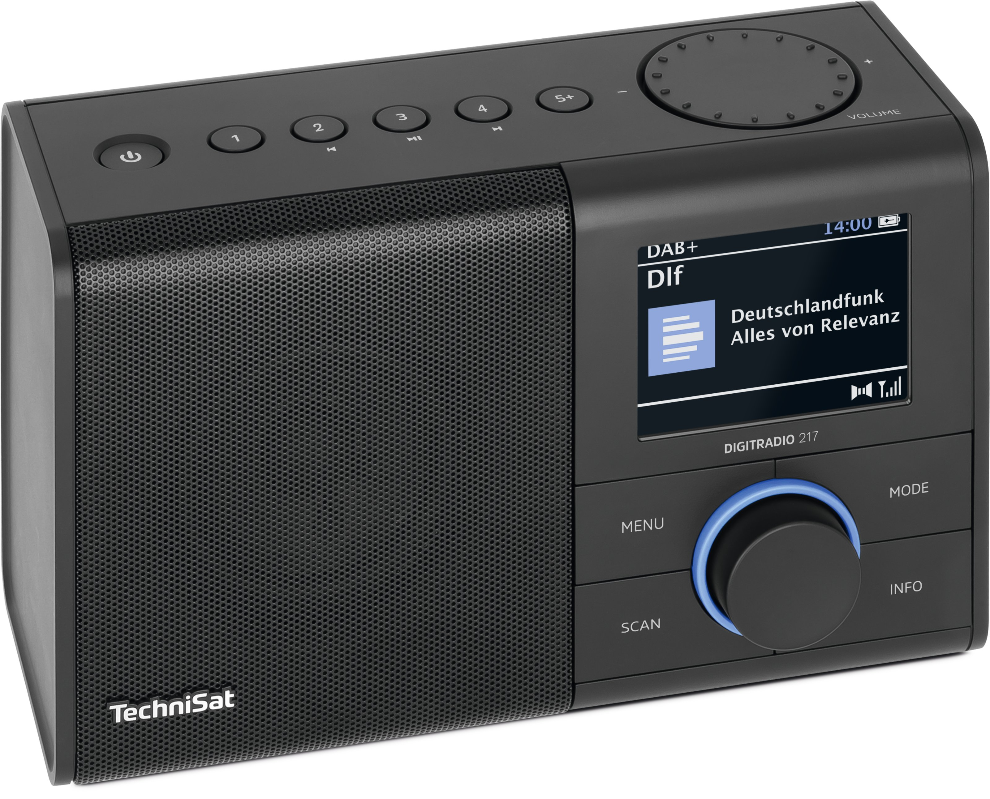 Schwarzes TechniSat-Radio mit Bildschirm, der Radiosenderinformationen und ein blaues Zifferblatt anzeigt.