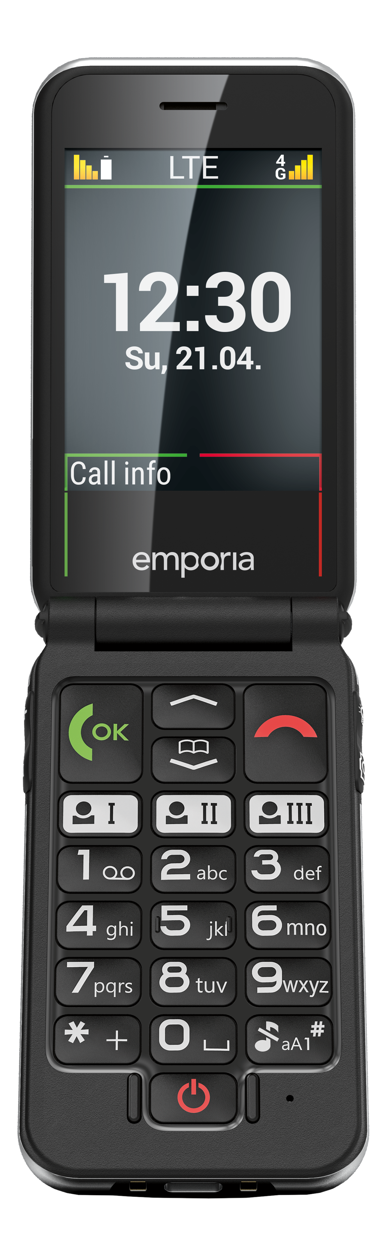 Un telefono a conchiglia nero con uno schermo che mostra l'ora e le barre del segnale e una tastiera.