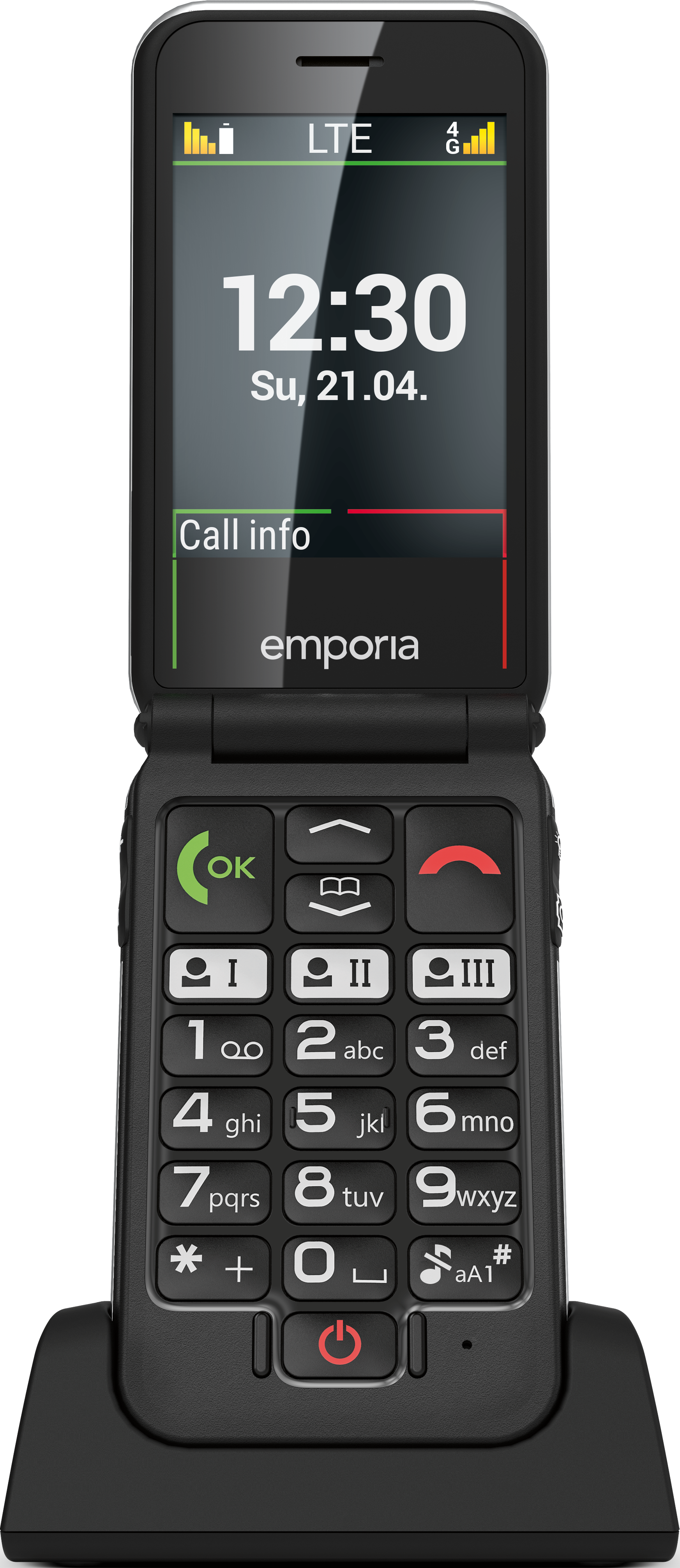 Telefono a conchiglia nero su base, schermo con ora e informazioni chiamate.