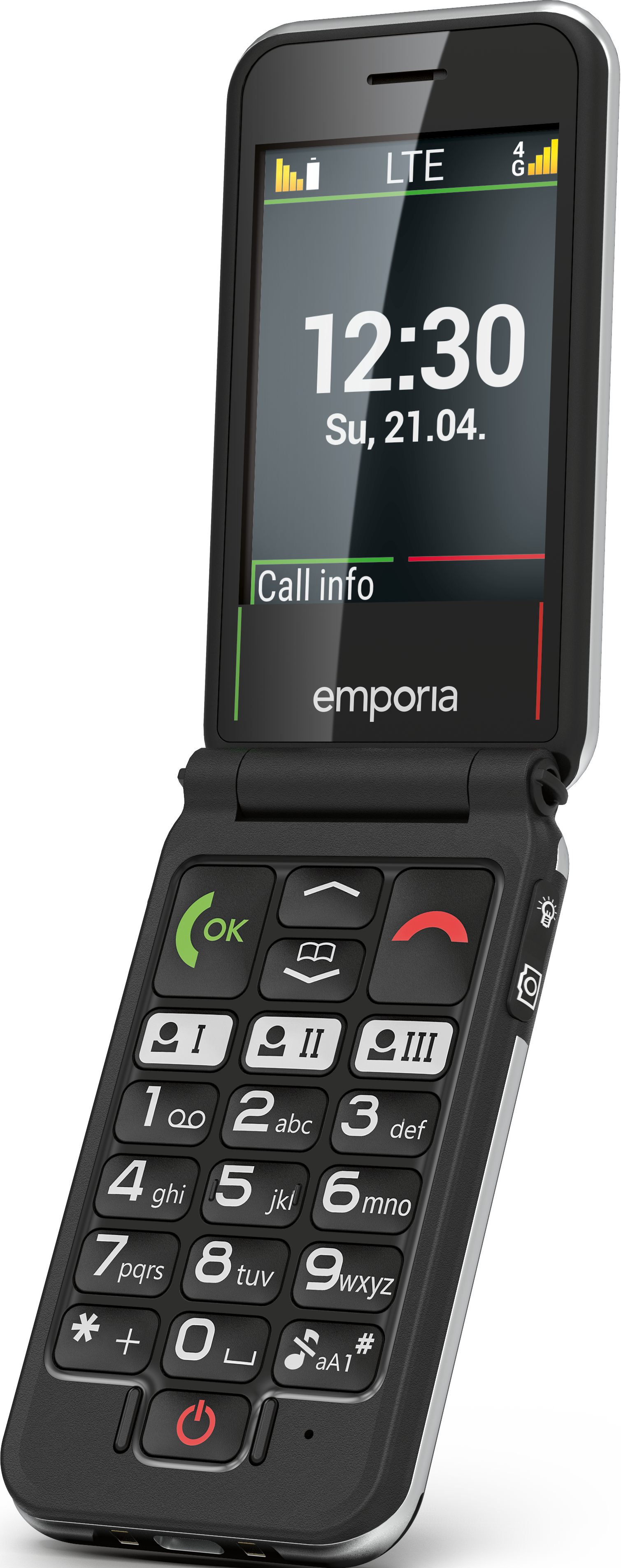 Telefono a conchiglia nero su base, schermo con ora e informazioni chiamate.