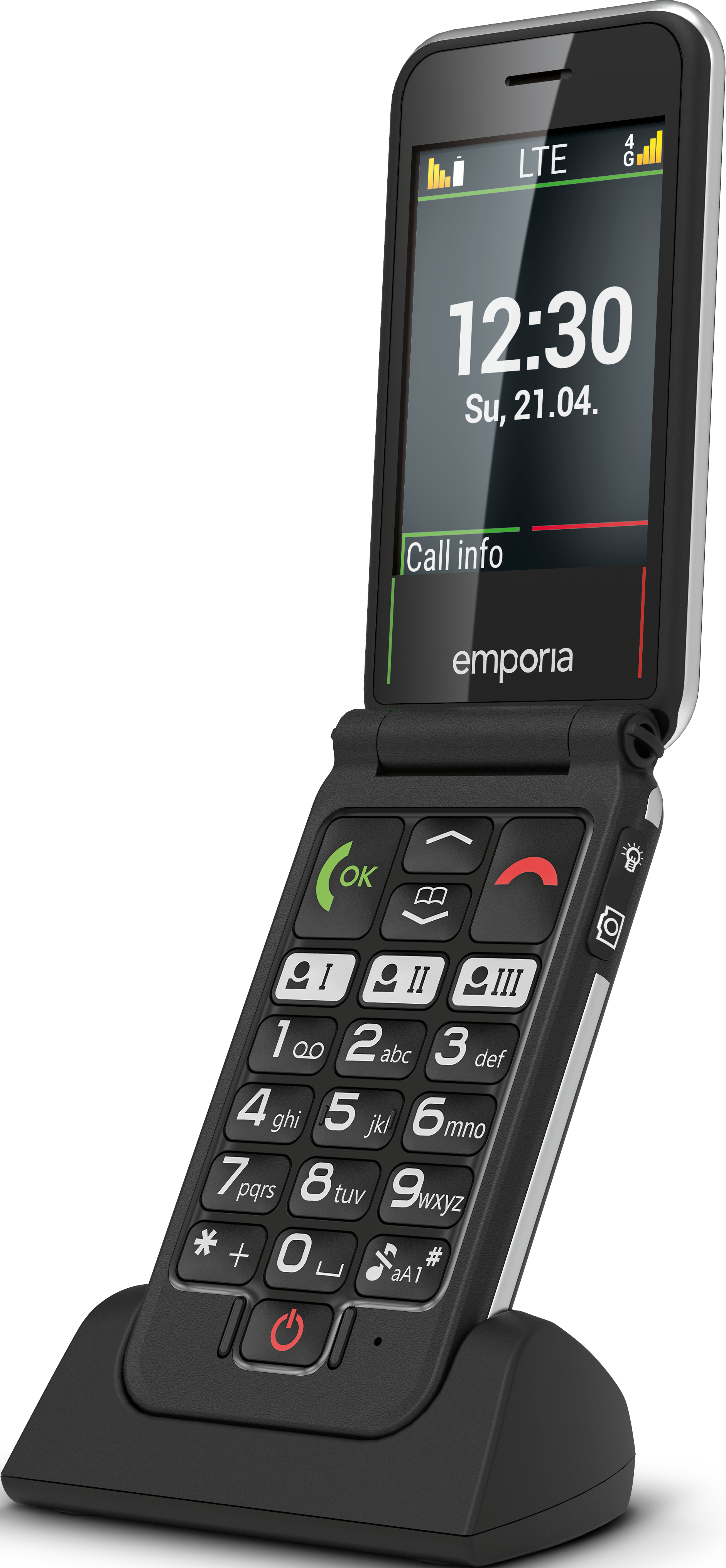 Telefono a conchiglia nero su base, schermo con ora e informazioni chiamate.