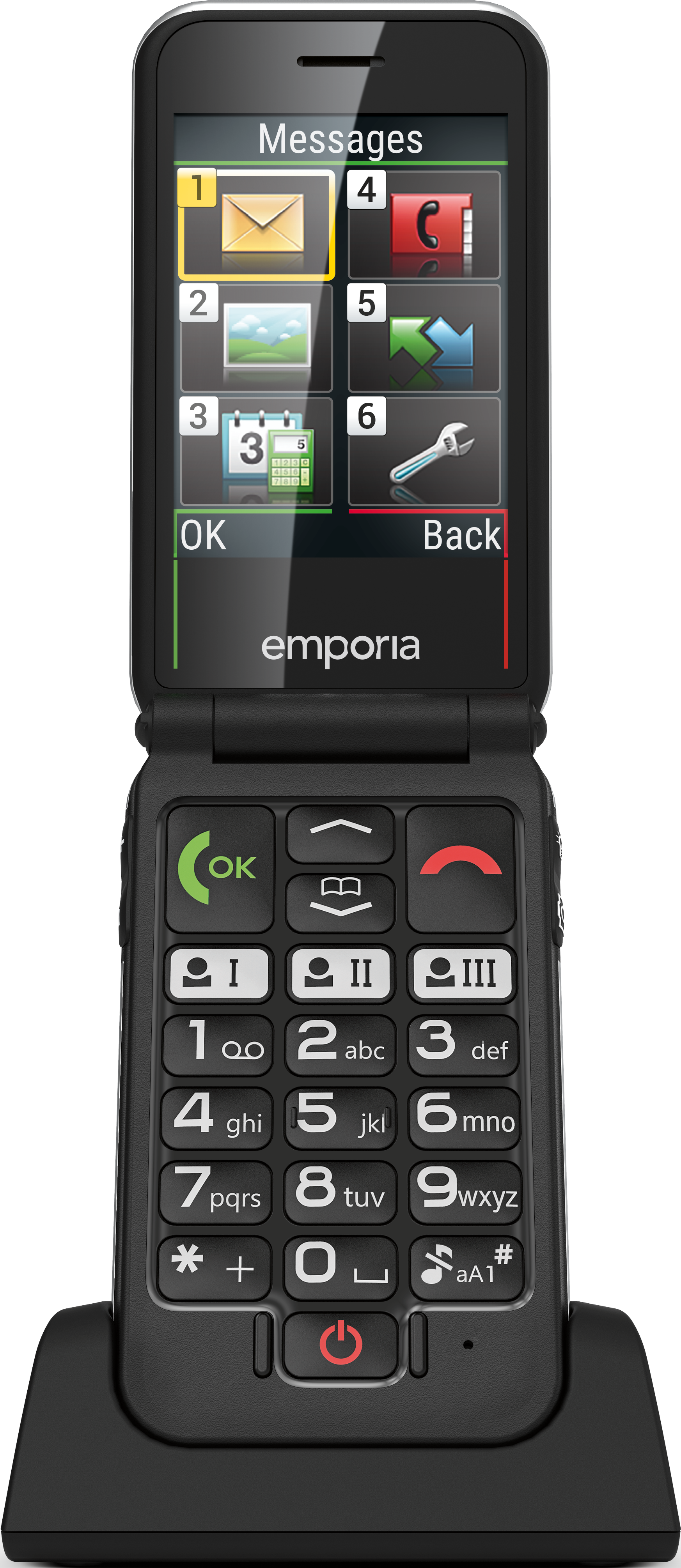 Telefono a conchiglia nero su base, schermo aperto, icone messaggi.