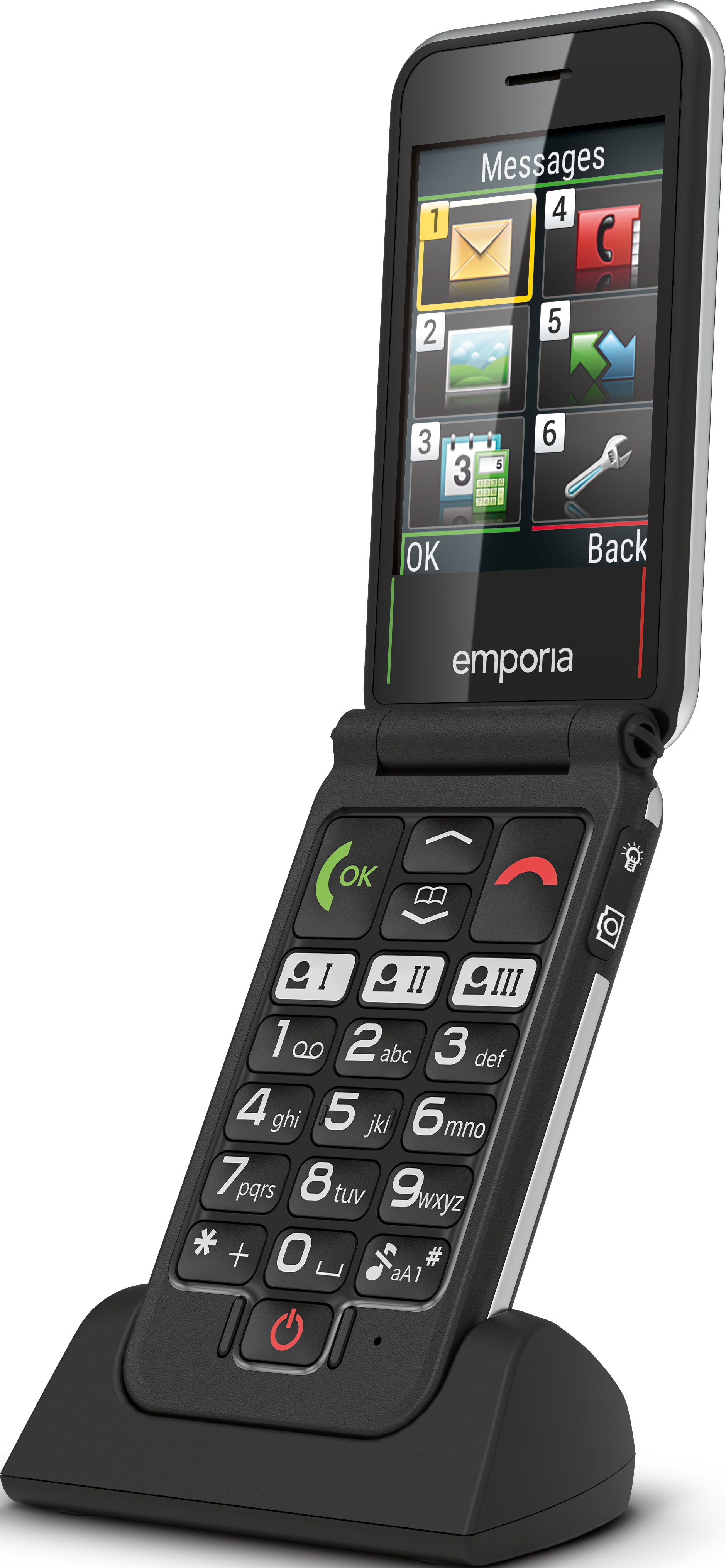 Telefono a conchiglia nero su base, schermo aperto, icone messaggi.
