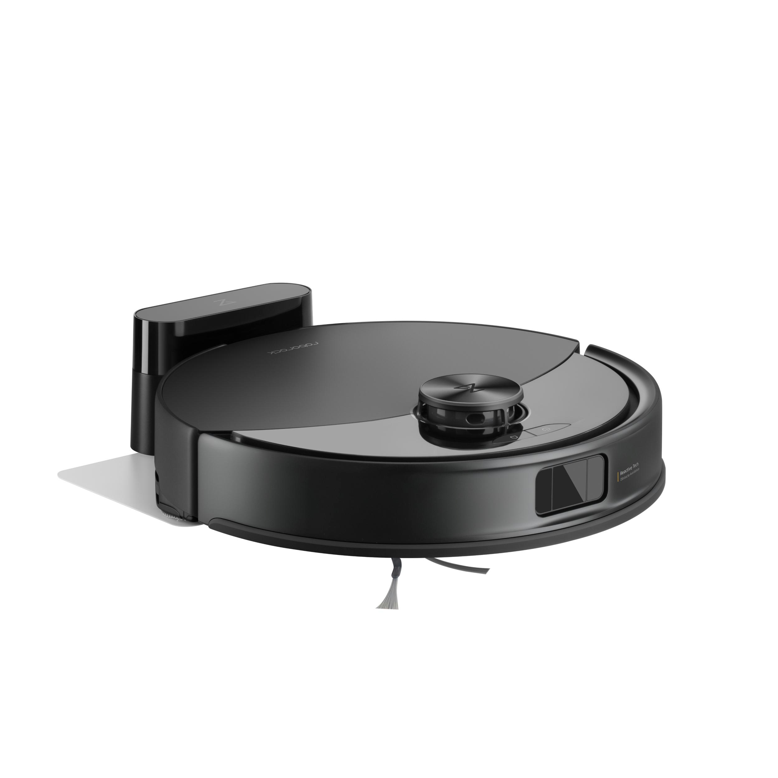 Schwarzer Roboter-Staubsauger mit Ladestation auf weißer Oberfläche.
