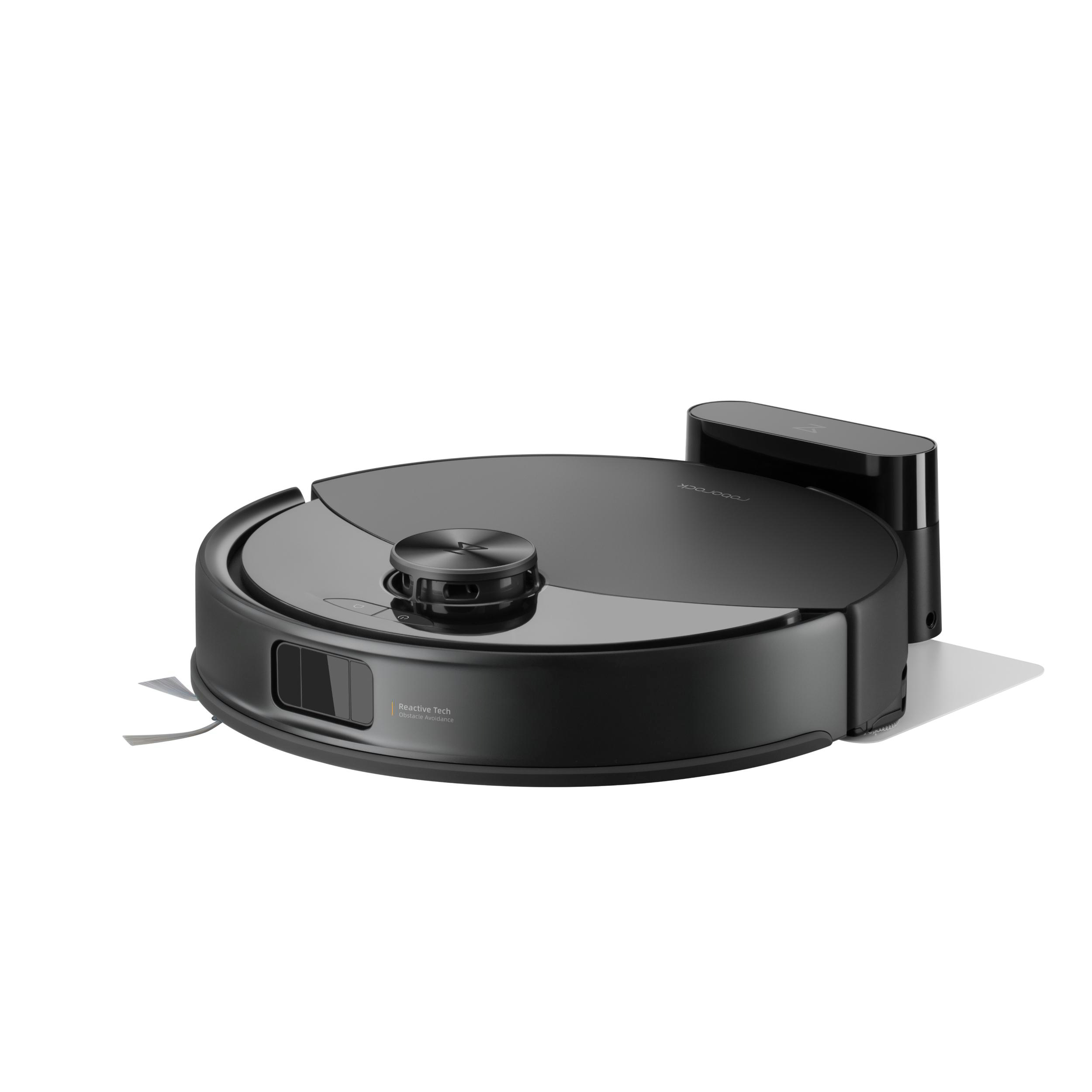 Schwarzer Roboter-Staubsauger mit Ladestation auf weißer Oberfläche.