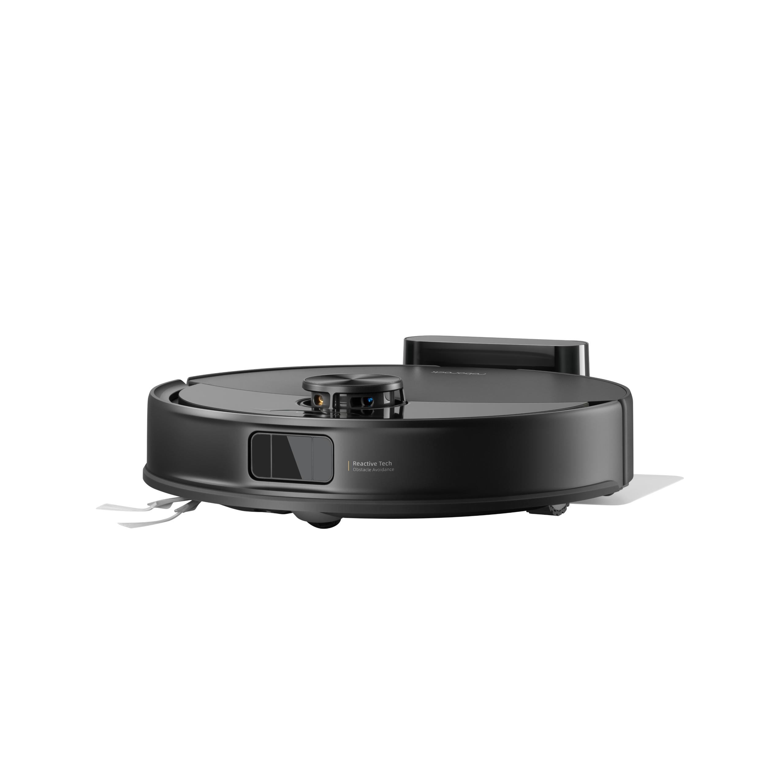 Schwarzer Roboter-Staubsauger mit Ladestation auf weißer Oberfläche.