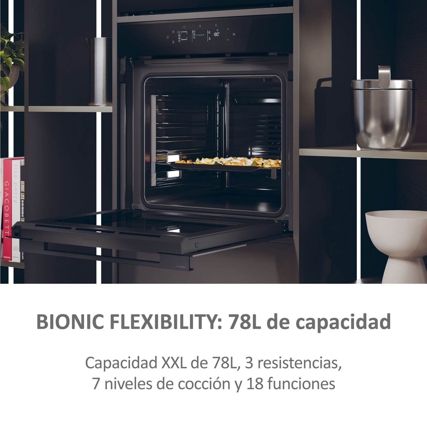 Horno Haier negro, puerta abierta. Flexibilidad biónica, capacidad 78L, 3 resistencias, 7 niveles de cocción.