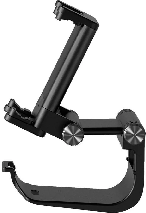 Czarny uchwyt na telefon. Regulowane ramiona i zakrzywiona podstawa. Ukazany pod kątem.