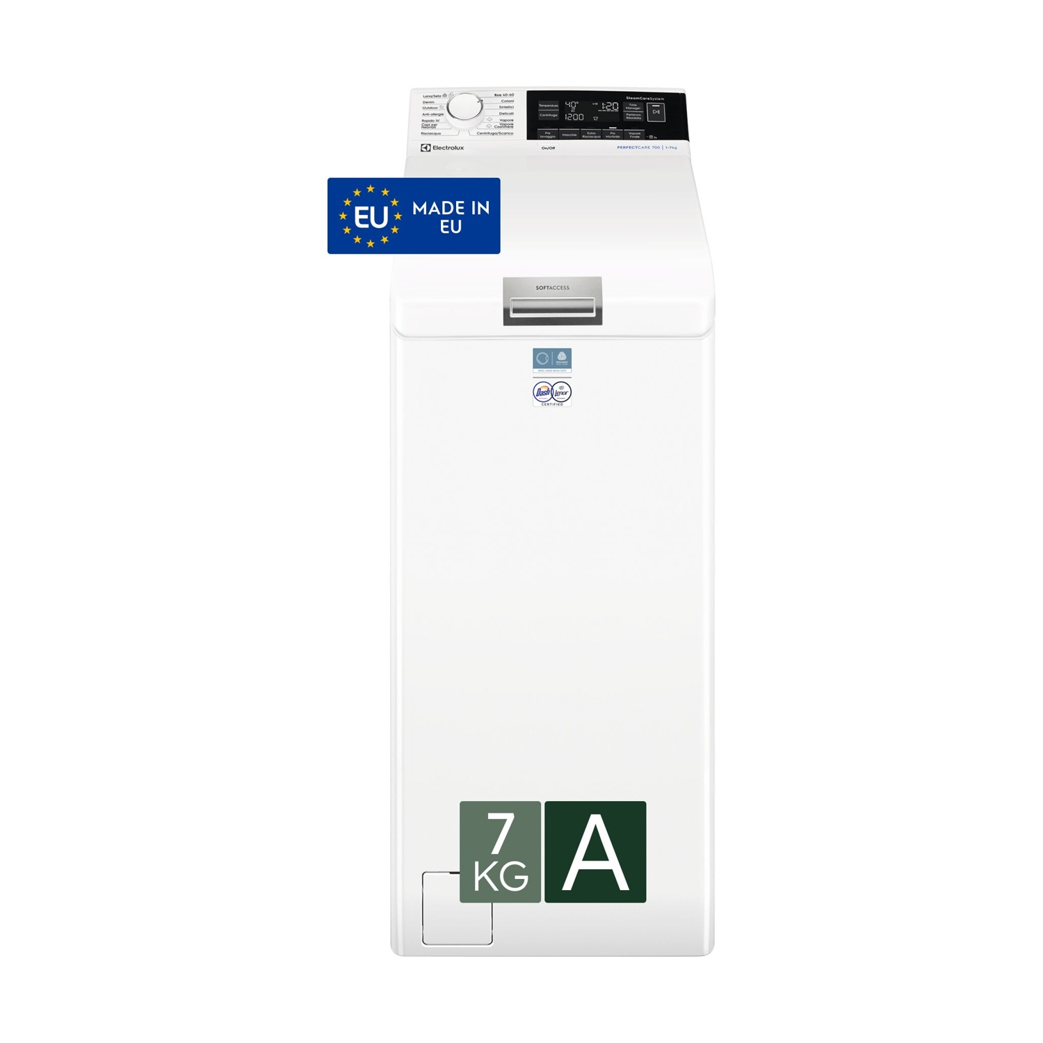 Una lavatrice bianca con display digitale e adesivo EU Made in EU. Sono visibili le etichette verdi A e 7 KG.