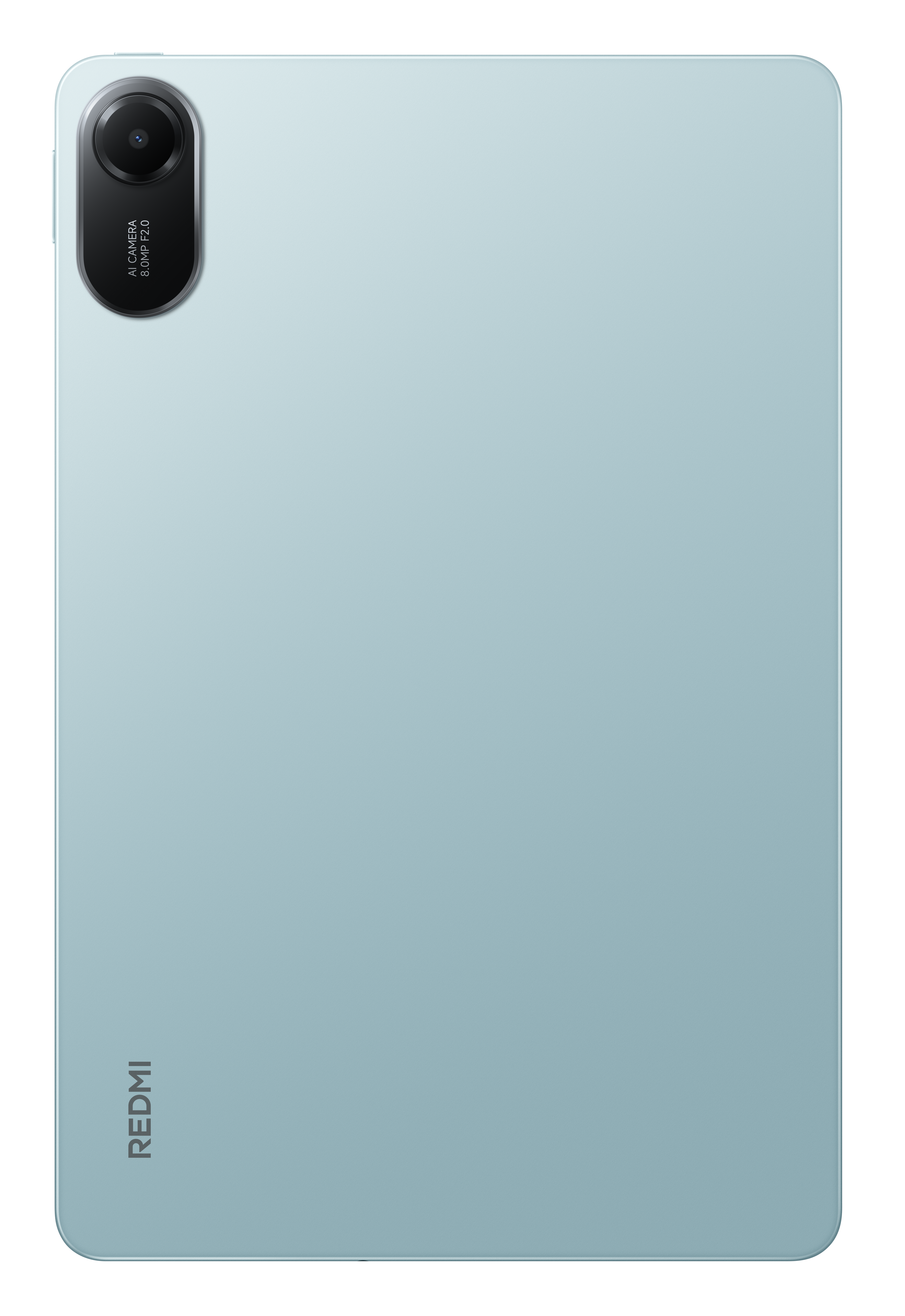 Jasnoniebieski tył tabletu z aparatem po lewej górze i marką Redmi na dole.