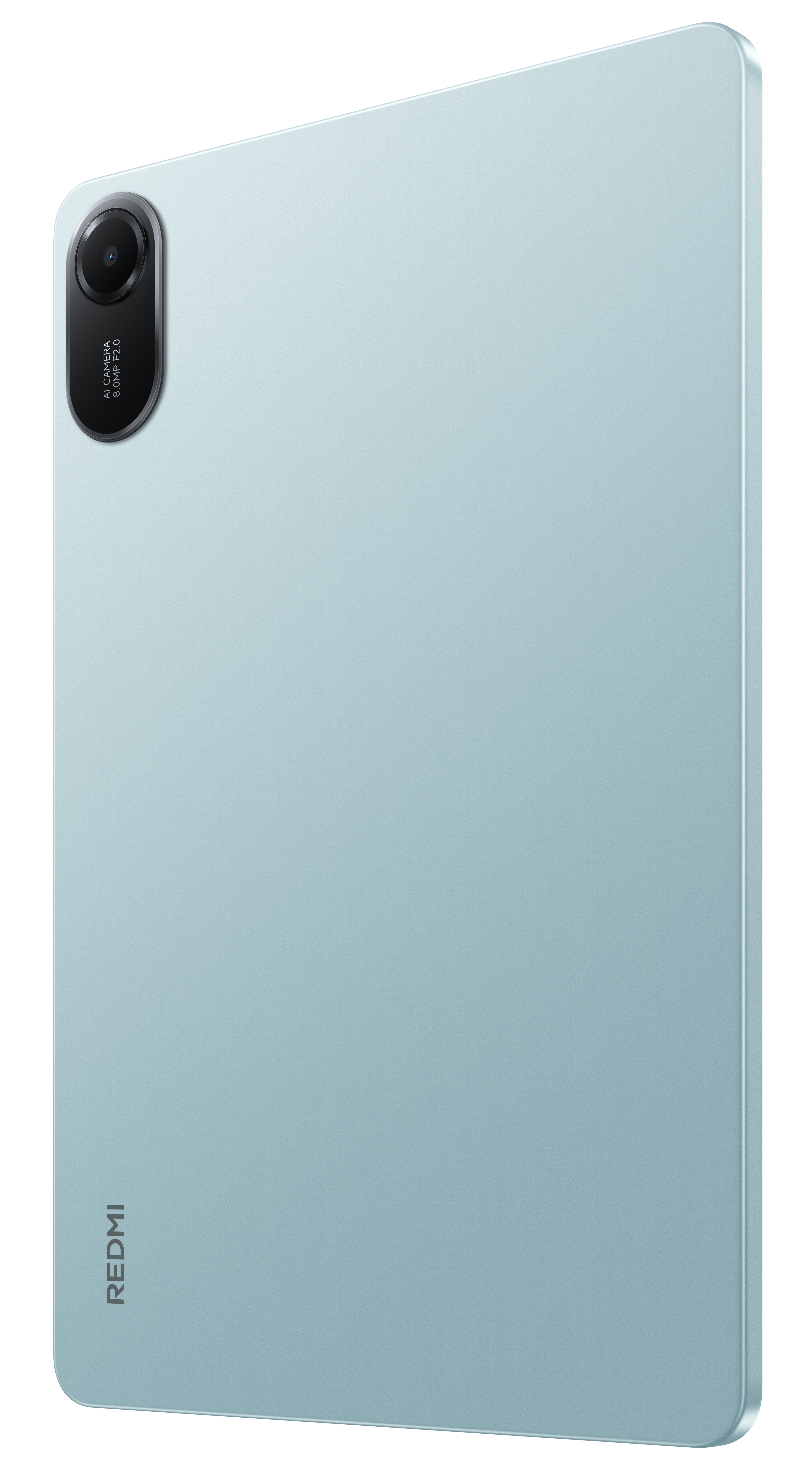Jasnoniebieski tablet, lekko pochylony, pokazujący tył z aparatem i marką REDMI. Powierzchnia ma teksturę.