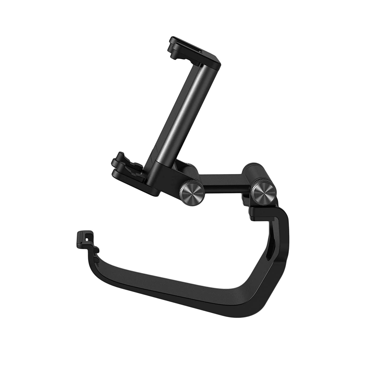 Czarny uchwyt na telefon. Posiada podstawę, regulowane ramiona i klips na telefon.