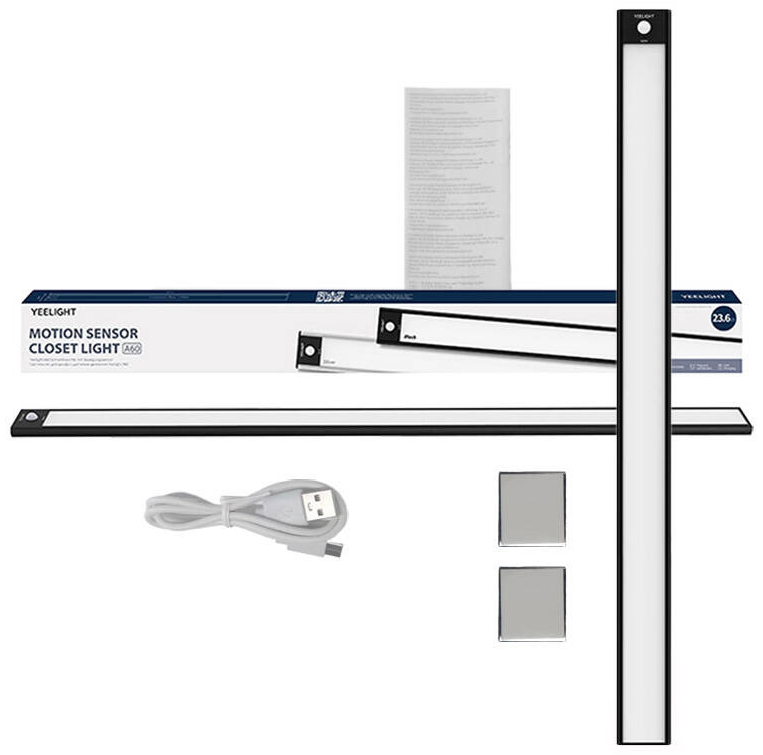 Szekrényvilágító készlet fénysávval, útmutatóval és USB töltővel.