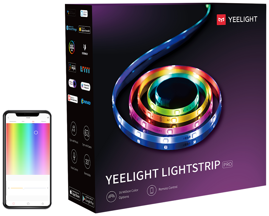 Dobozos RGB LED szalag, telefonnal, amely az alkalmazást mutatja. A csomag sok funkcióval rendelkezik.