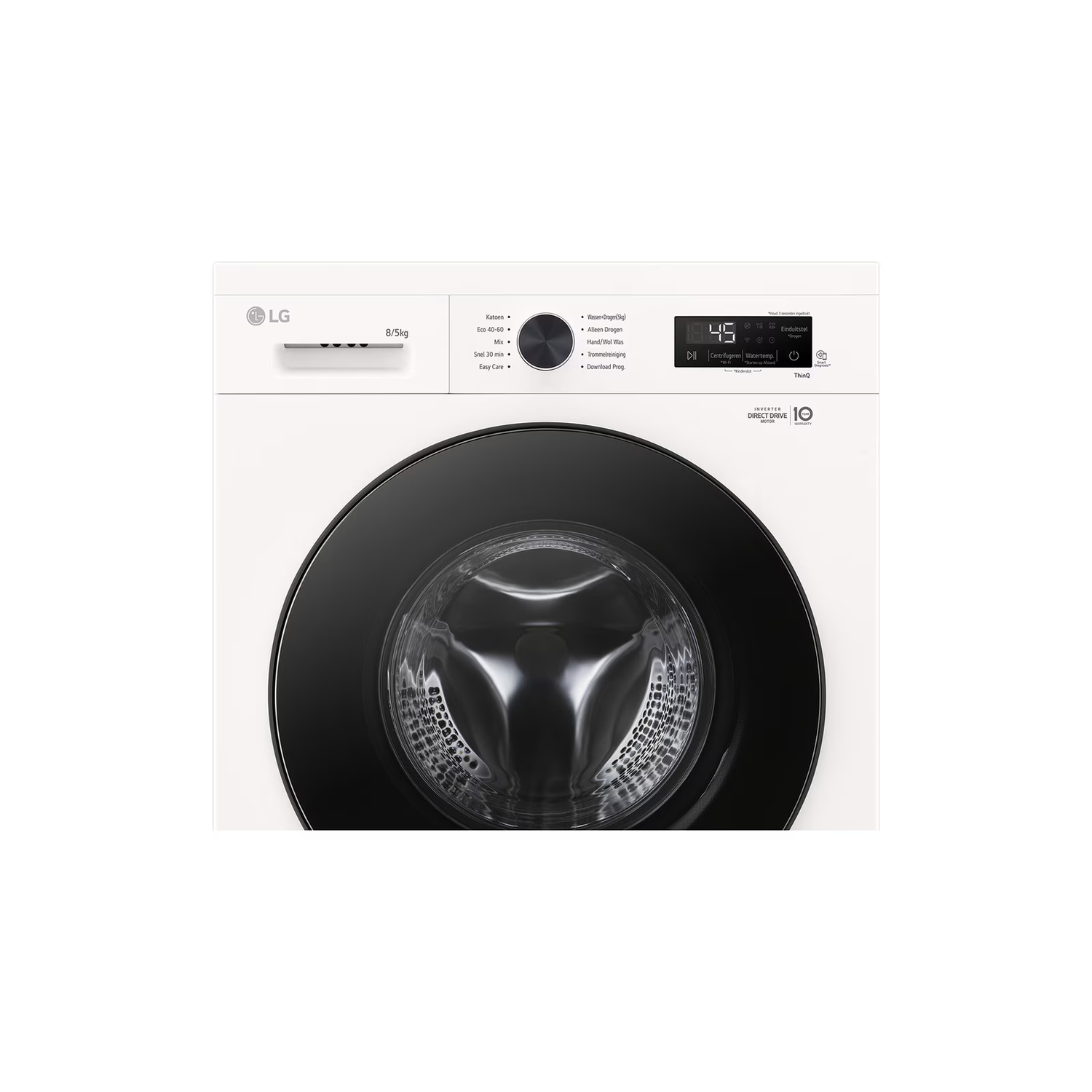 Een witte LG wasmachine met een zwarte deur en bedieningspaneel. Het display toont '45'.