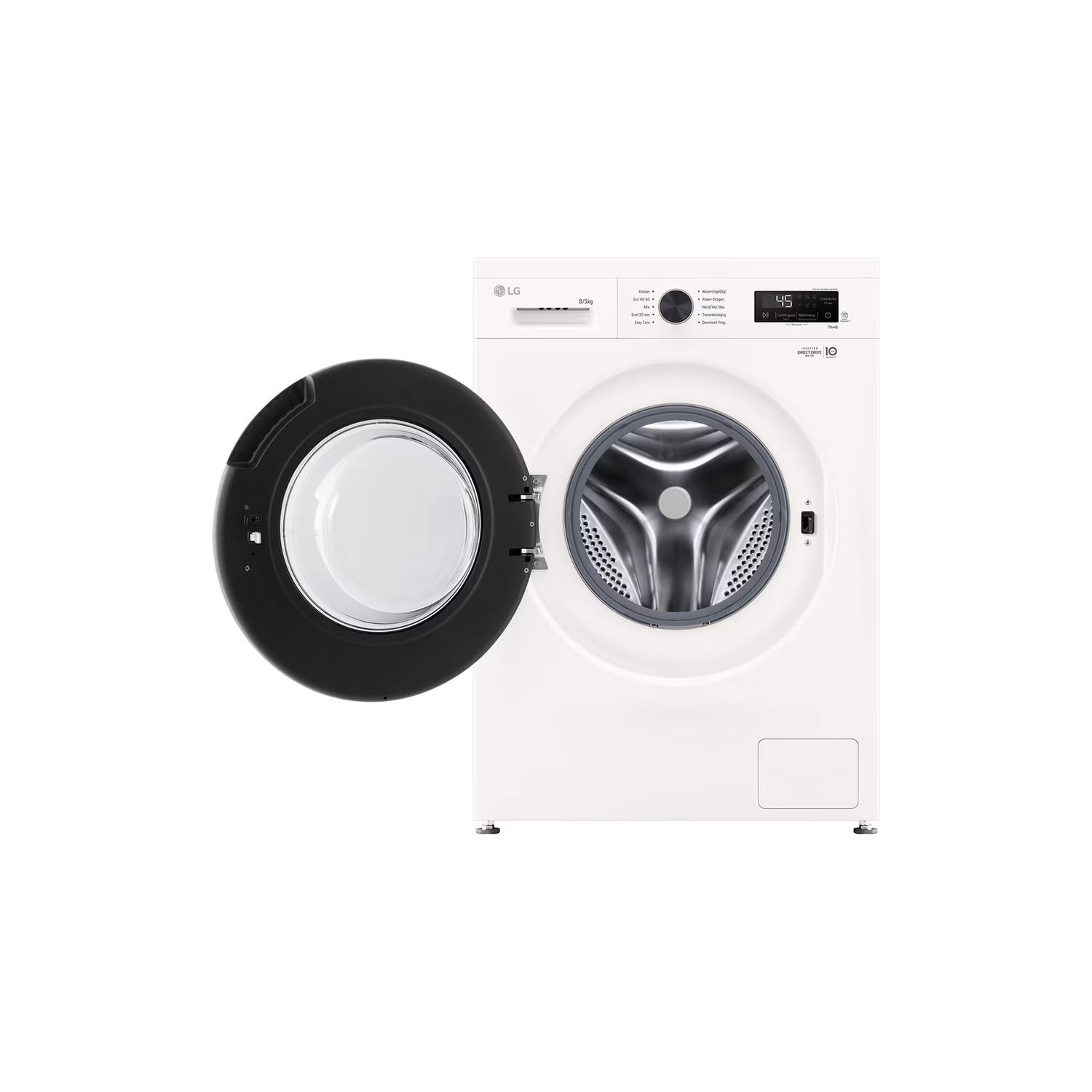 Witte LG wasmachine met open zwarte deur. Digitaal display toont '45'. Machine staat op een witte achtergrond.