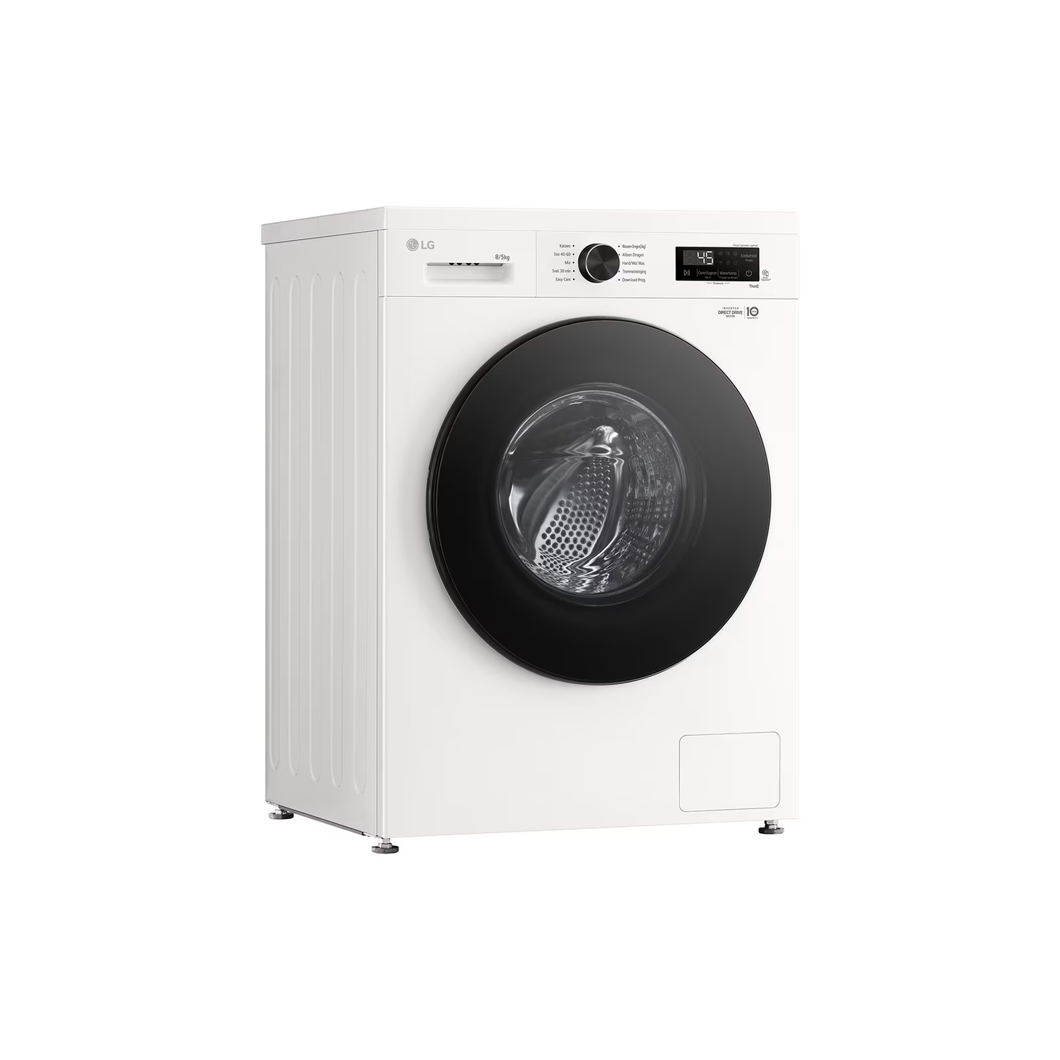 Een witte LG wasmachine met een zwarte deur. Het heeft een bedieningspaneel en een digitaal display met 45 minuten resterend.