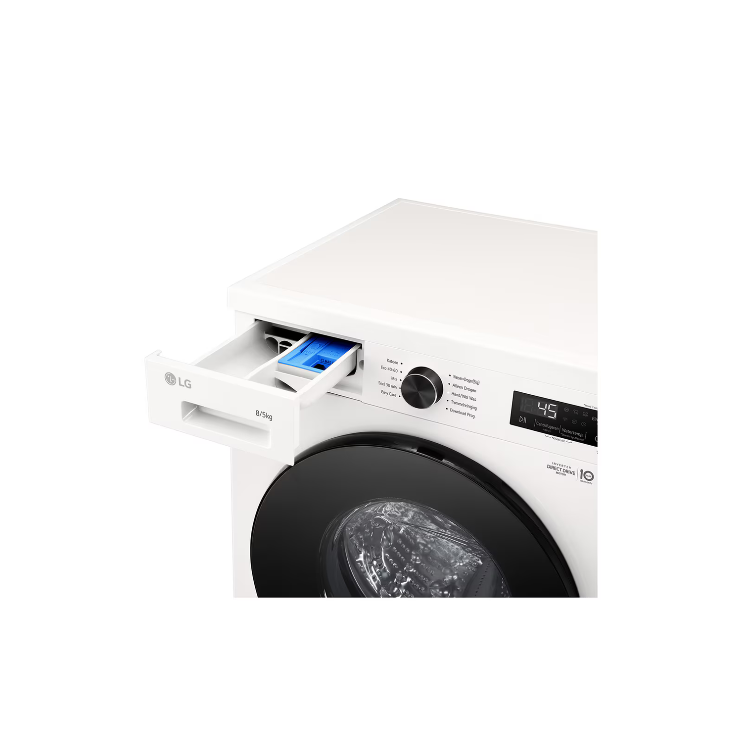 Witte LG wasmachine met open wasmiddellade. Zwarte deur, digitaal display toont 45. Labels in het Nederlands.