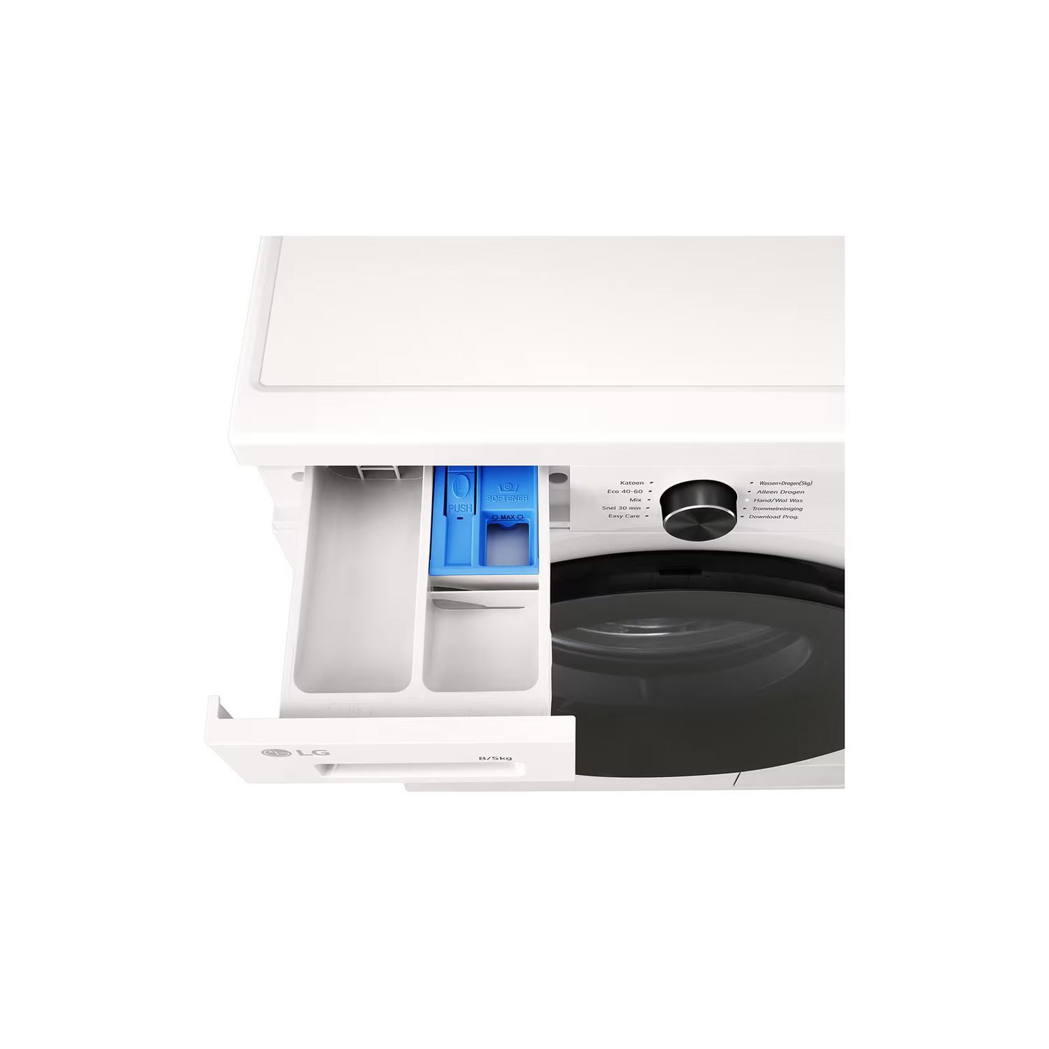 Witte LG wasmachine met open wasmiddellade. Blauw wasverzachtercompartiment. Zwarte draaiknop voor instellingen.