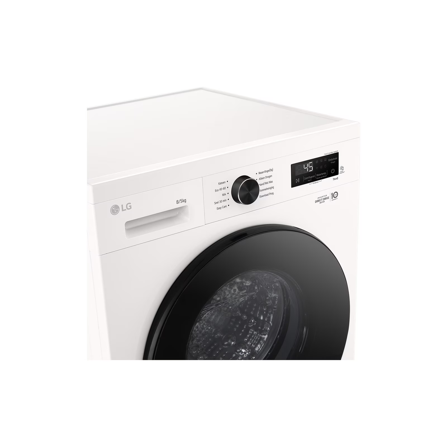 Een witte LG wasmachine met een zwarte deur. Het heeft een digitaal display met 45 minuten. Bedieningspaneel met diverse wasopties.