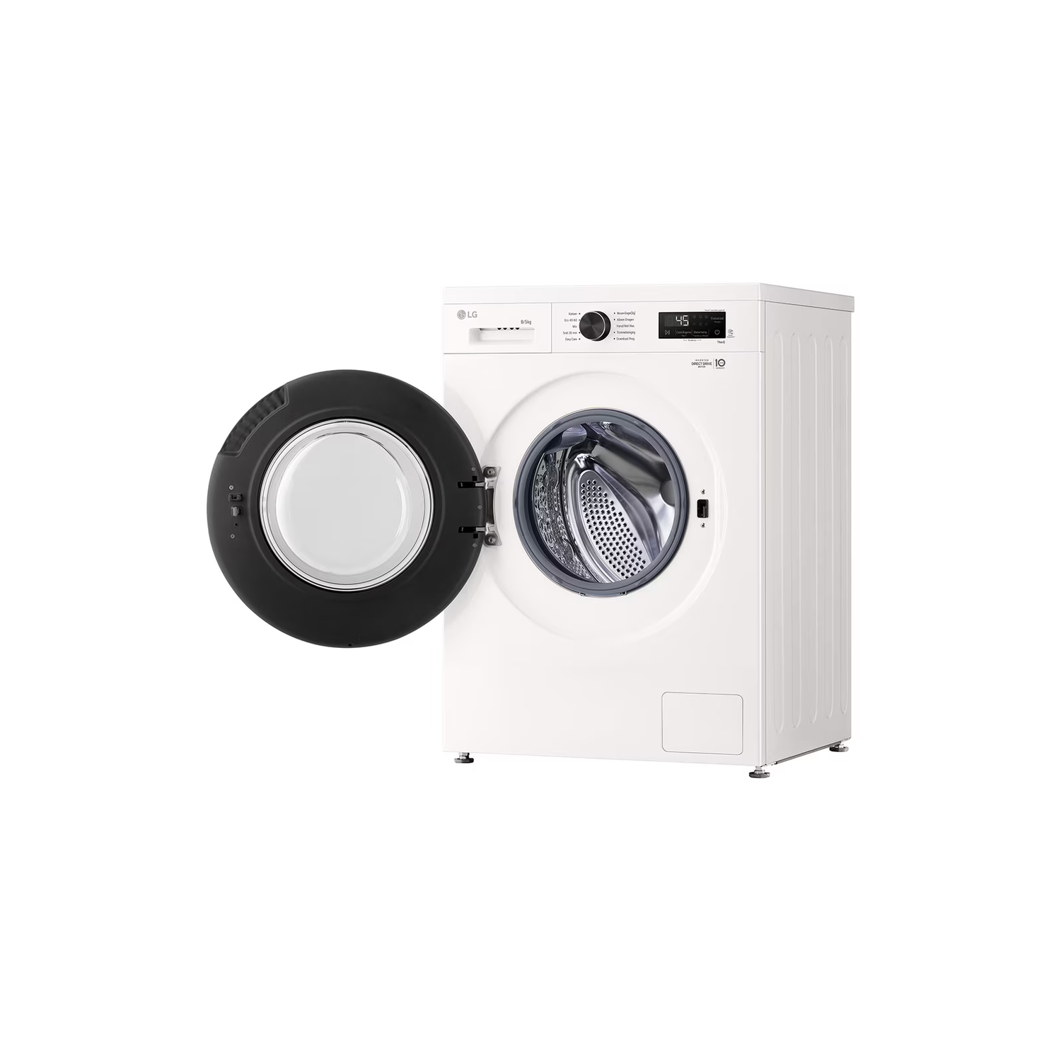 Witte LG wasmachine, open deur. Zwart deurframe. Digitaal display toont '45'. Bedieningspaneel met diverse opties.