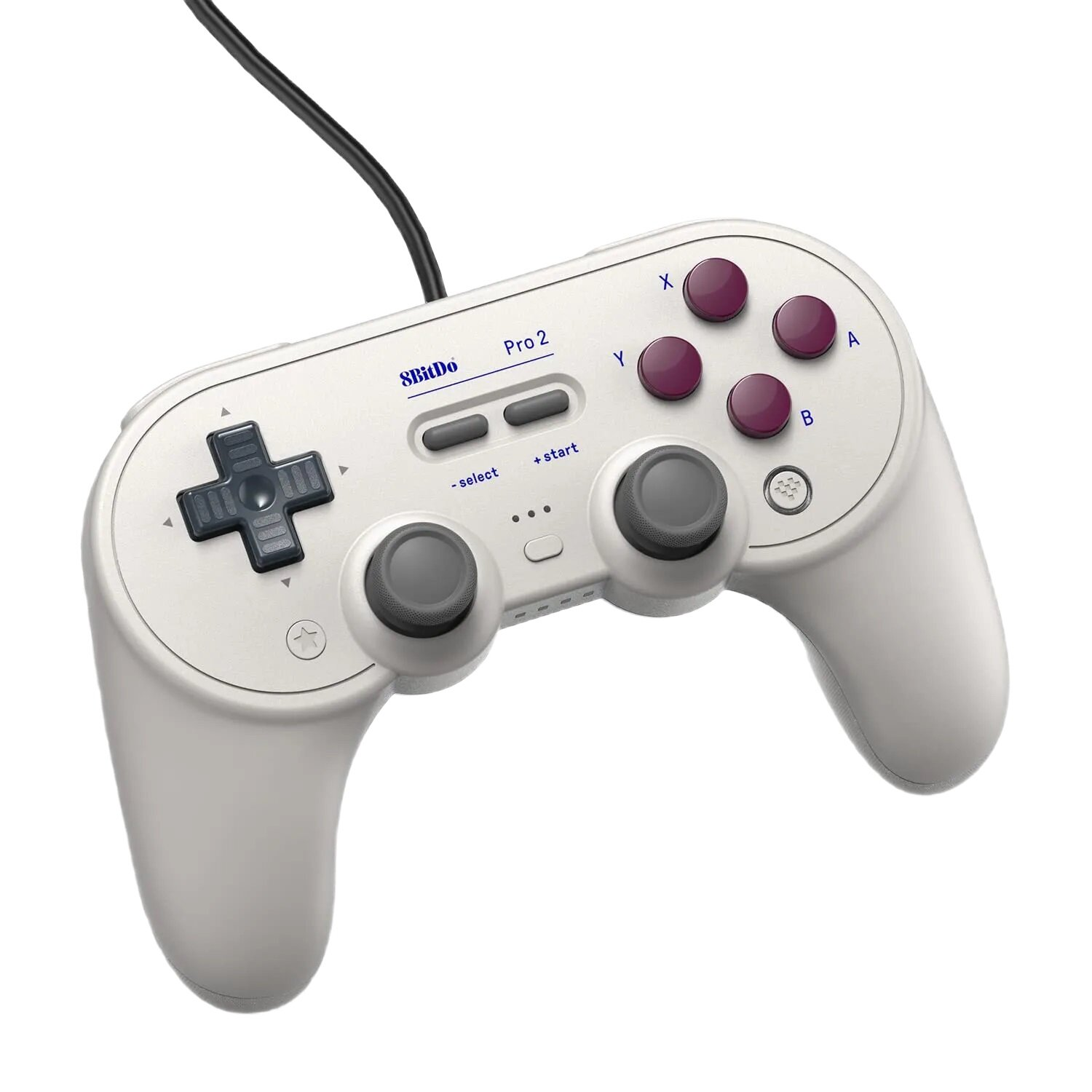 Biały gamepad z krzyżakiem, dwoma joystickami i kolorowymi przyciskami. Ma kabel. Przyciski są bordowe.