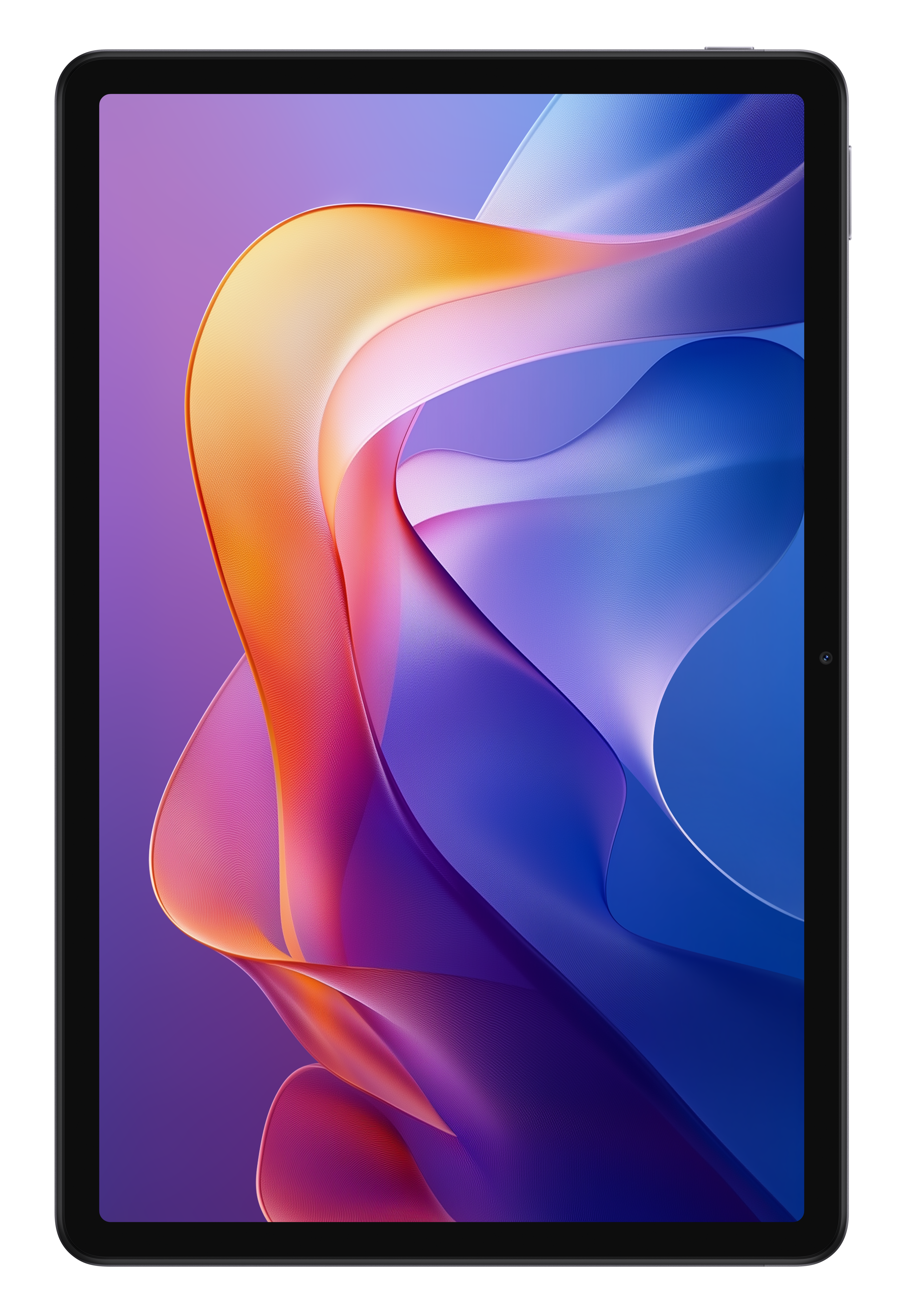 Tablet z czarną ramką wyświetla żywy, abstrakcyjny wzór z wirującymi kolorami pomarańczowym, różowym, fioletowym i niebieskim.