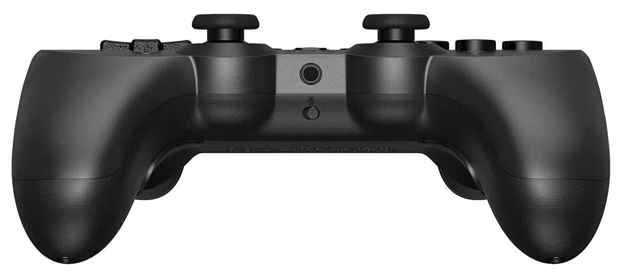 Czarny kontroler 8BitDo. Widok z tyłu, pokazujący kształt i design kontrolera.