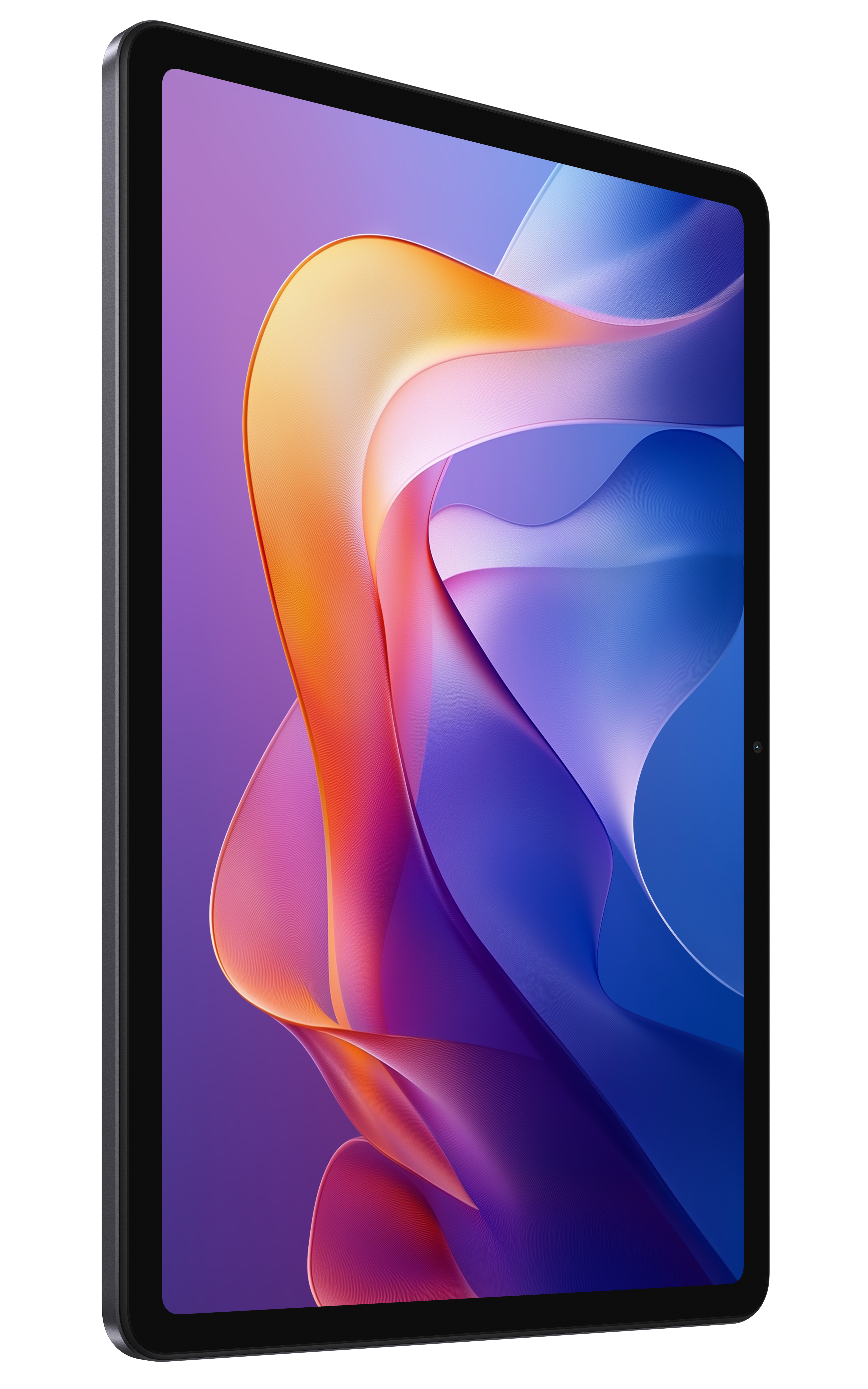 Czarny tablet wyświetla abstrakcyjne, kolorowe dzieło cyfrowe z pomarańczowymi, fioletowymi i niebieskimi wirującymi kształtami.