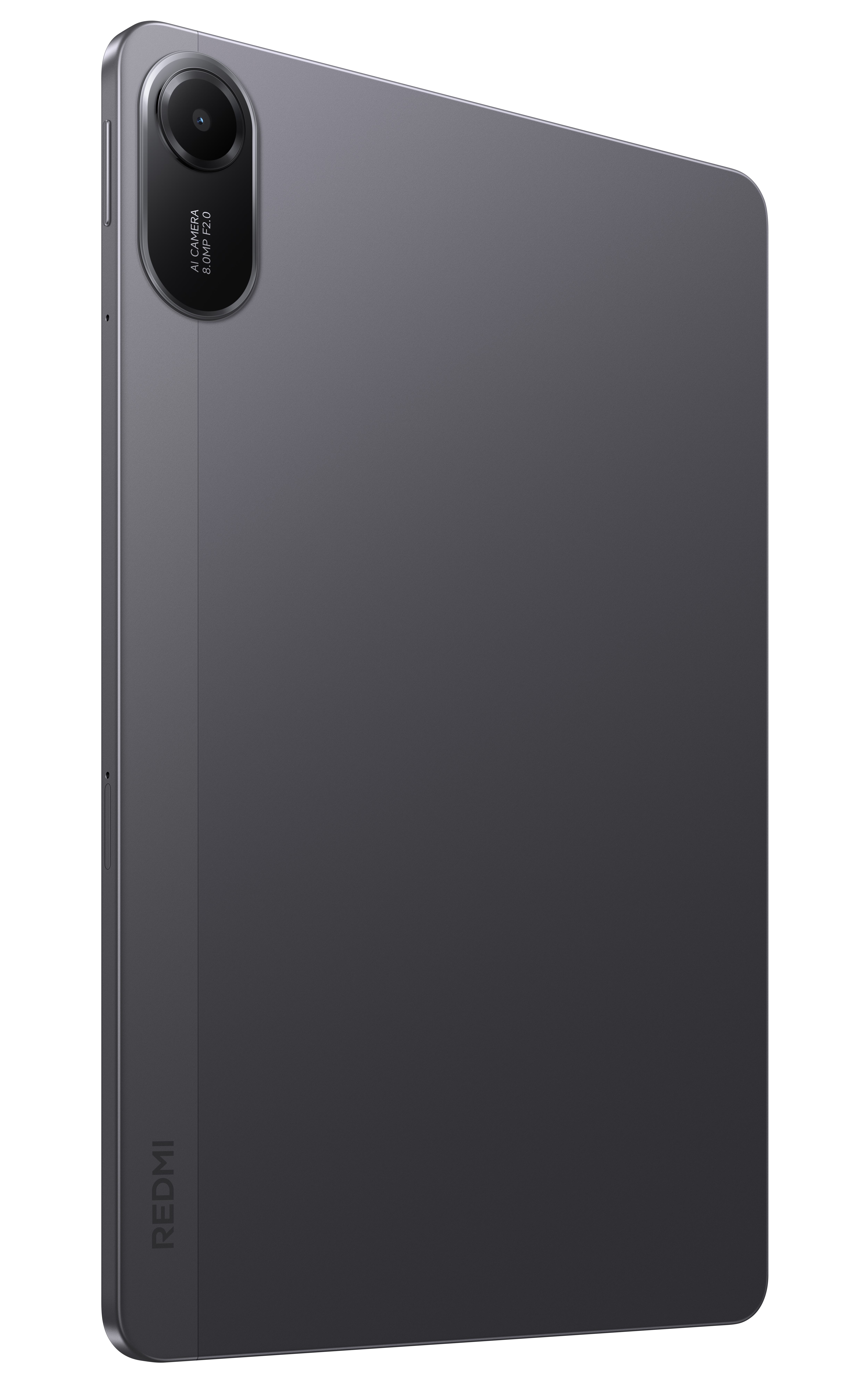 Pokazano tył ciemnoszarego tabletu. Ma aparat po lewej stronie u góry i nazwę marki po lewej stronie u dołu.