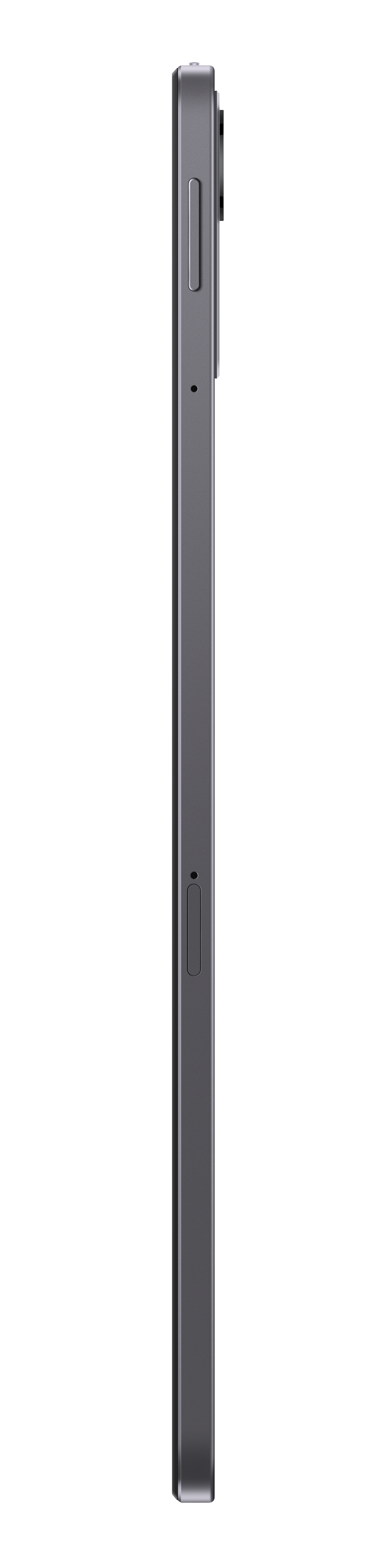 Widok z boku szarego smartfona. Przyciski i aparat na czarnym tle.