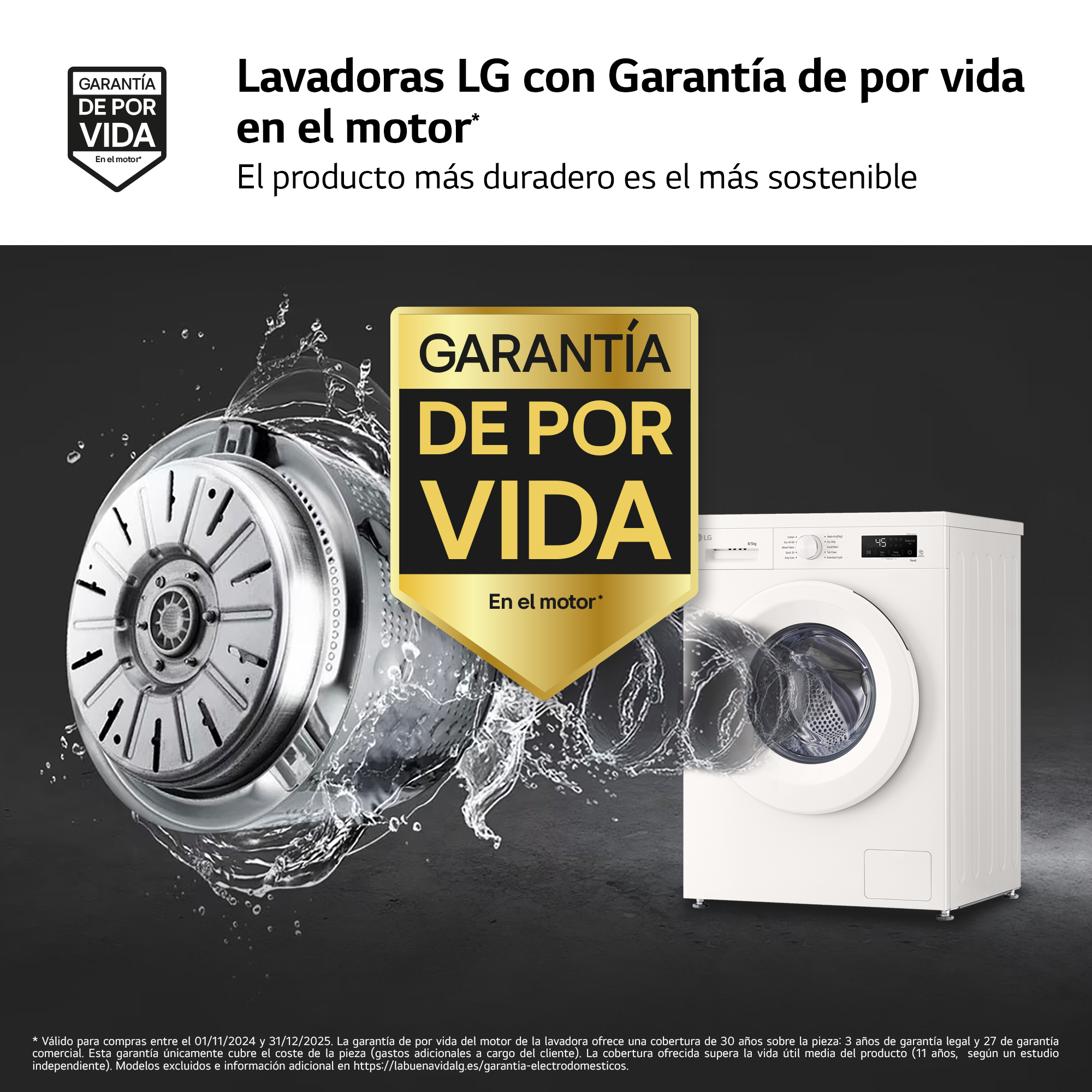 Una lavadora que muestra una insignia de garantía dorada con salpicaduras de agua.
