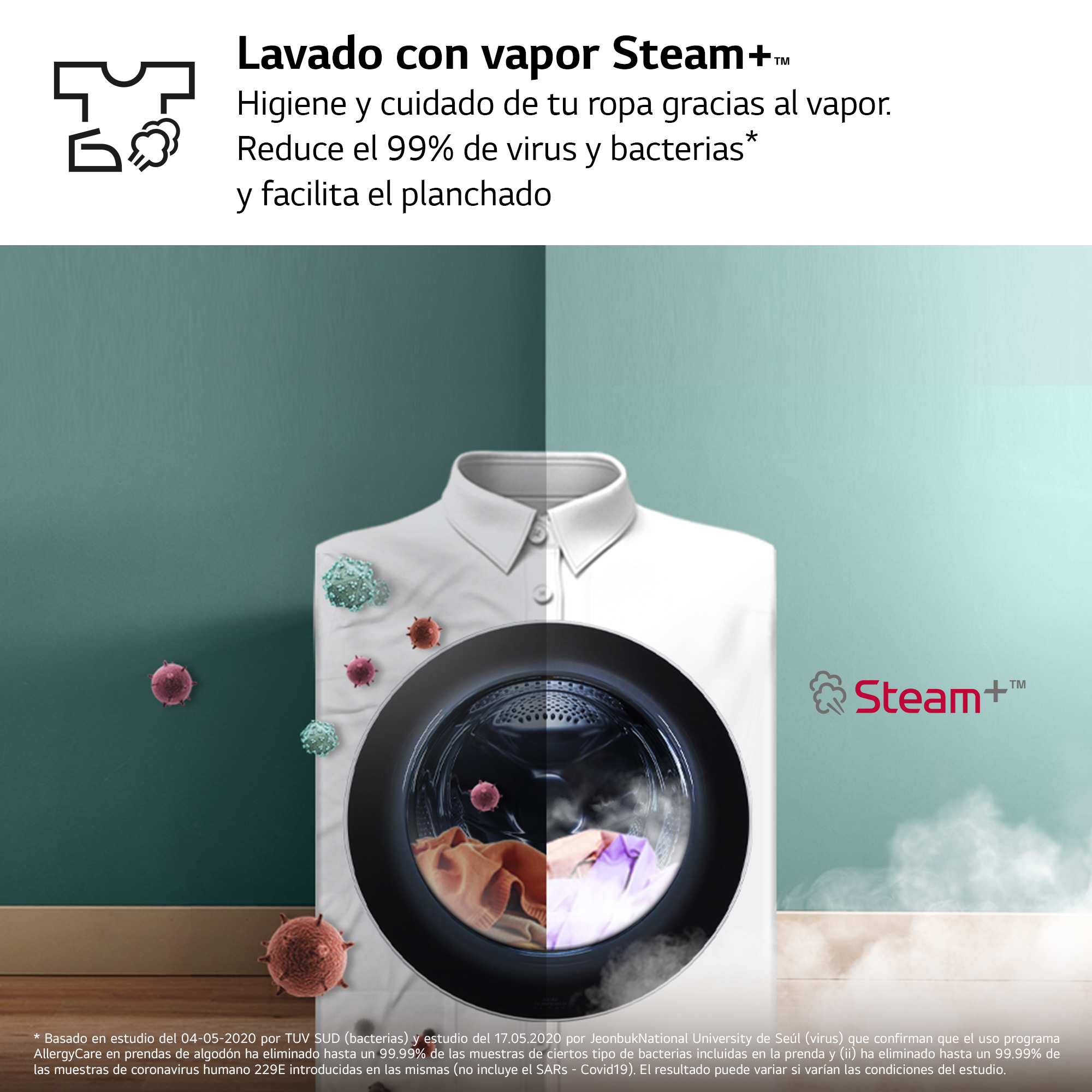 Lavadora con tecnología de vapor, mostrando virus y ropa.