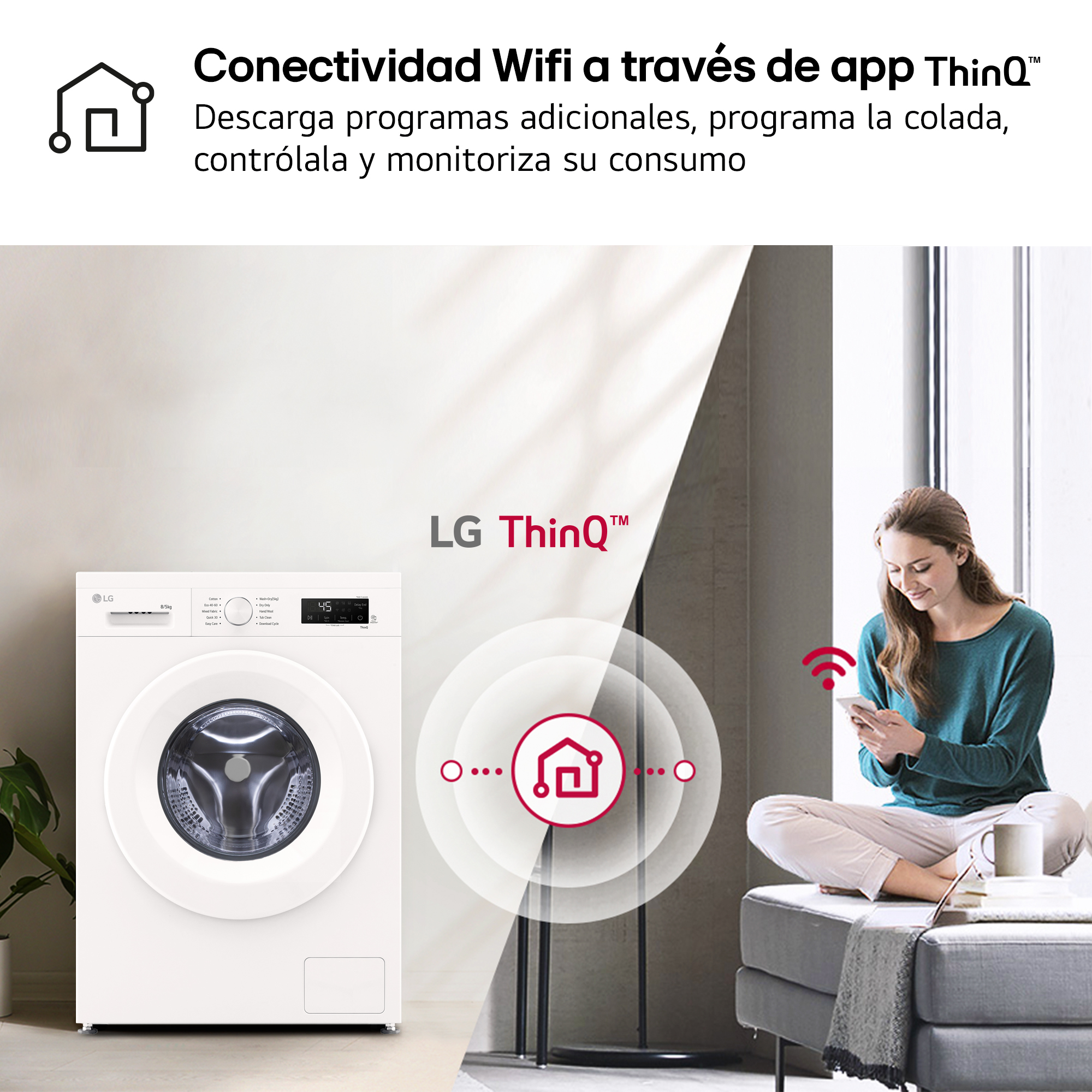 Una mujer usando un teléfono para controlar una lavadora.